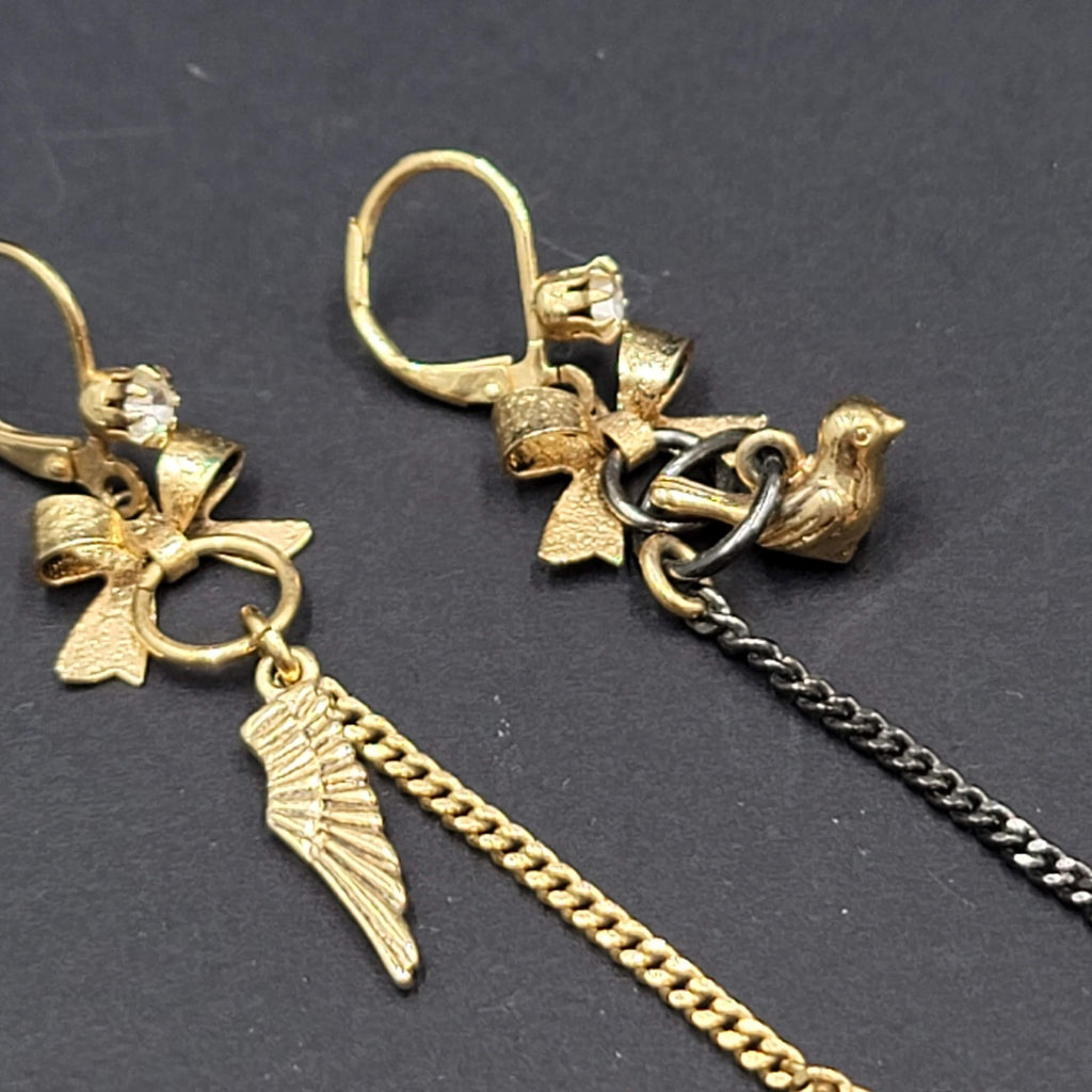 Asymmetrical Bows Birds Angel Wings Pierced Earrings Gold tone Dangle 3"