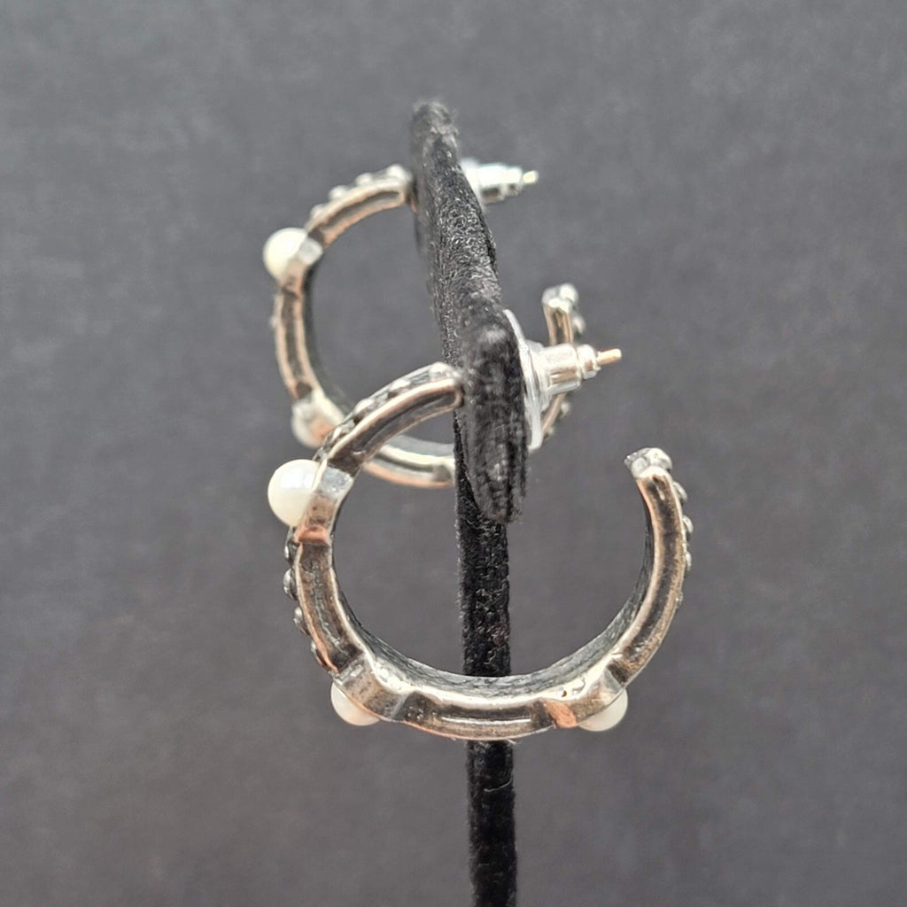Pierced Earrings Silver tone Faux Pearl Hoops  1.25"