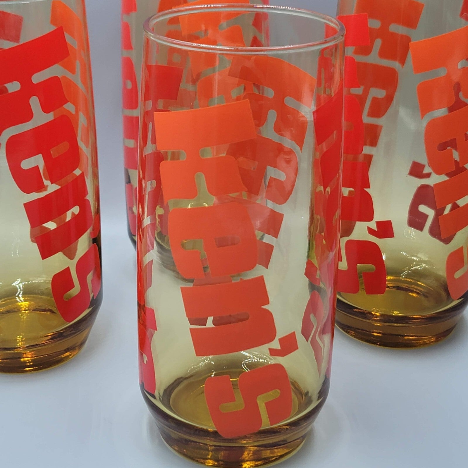 Vintage Kens Pizza Drinking Glass Amber Glass Orange Lettering Large 7" Set of 4