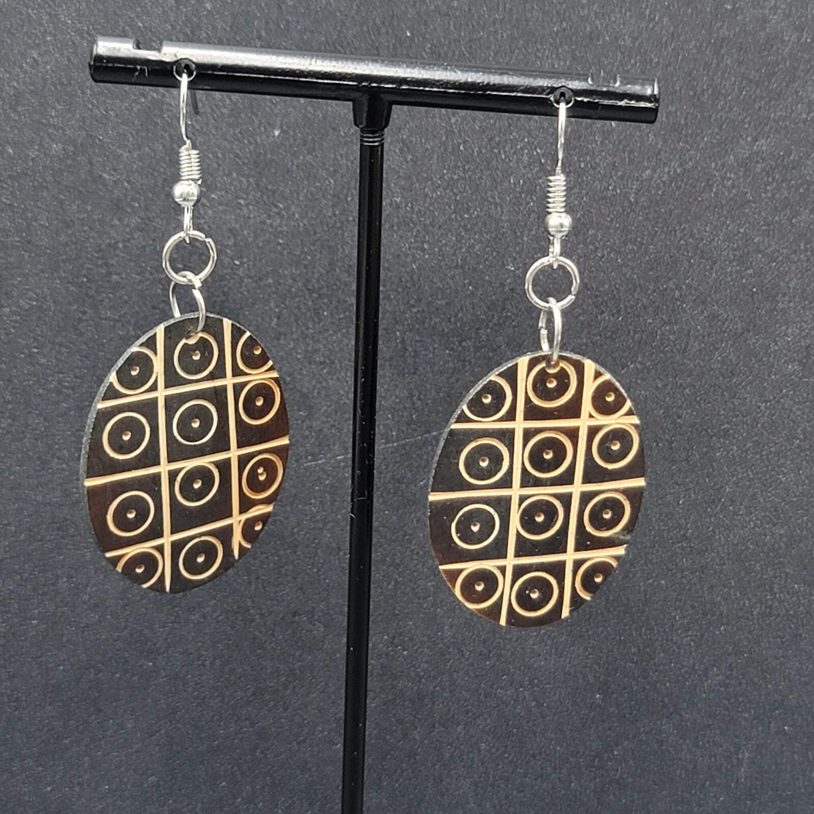 Pierced Earrings Hand Carved Wood Oval Dangle Silver tone 1.5"
