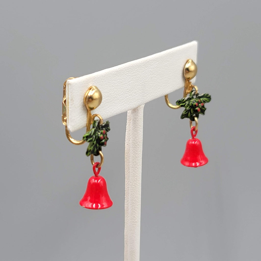 Vintage Christmas Clip on Earrings Gold tone Dangle Holly Jingle Bells 1.25 in