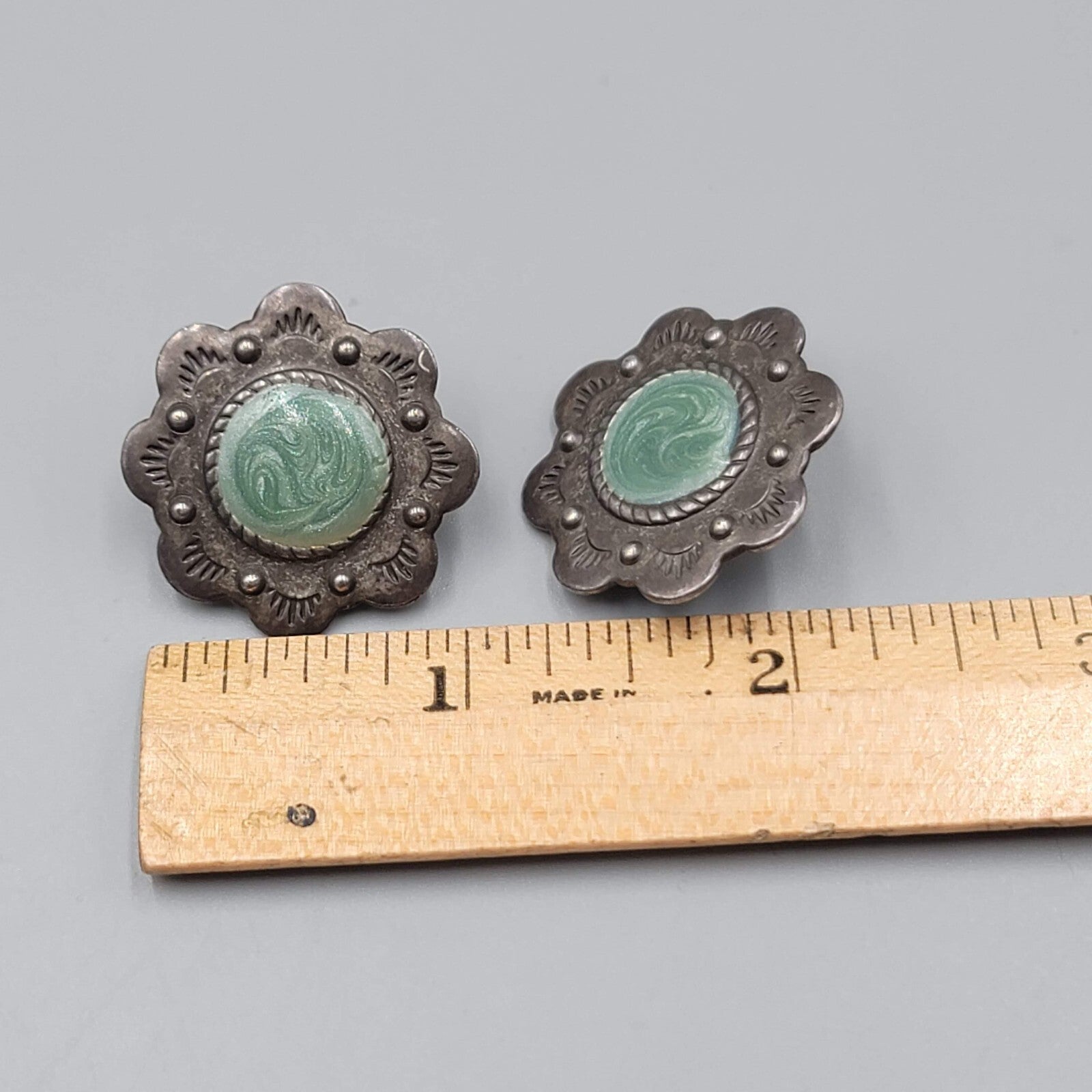 Vintage Flower Clip on Earrings Dark Gray Metal Green Enamel 1 1/8"