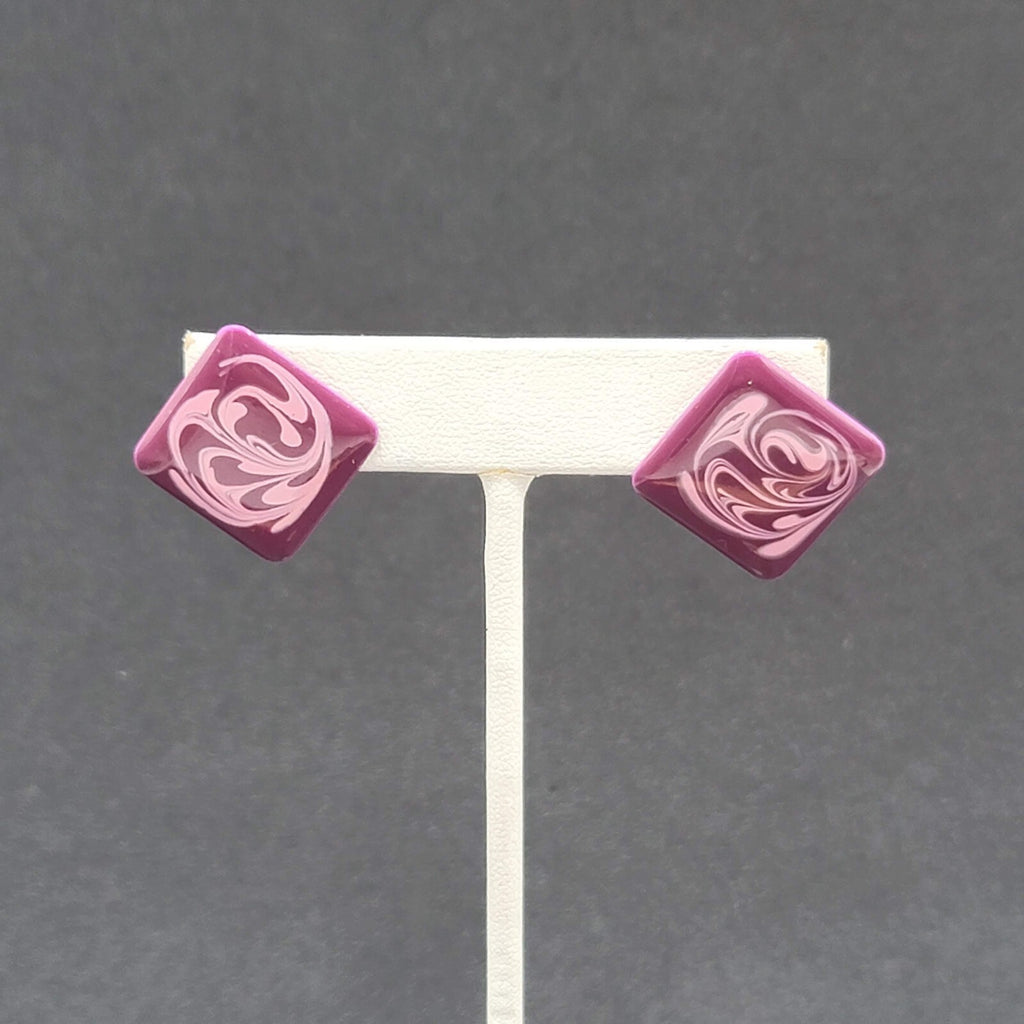 Vintage Pierced Earrings Purple Swirl Enamel over Metal Square Drop 1"