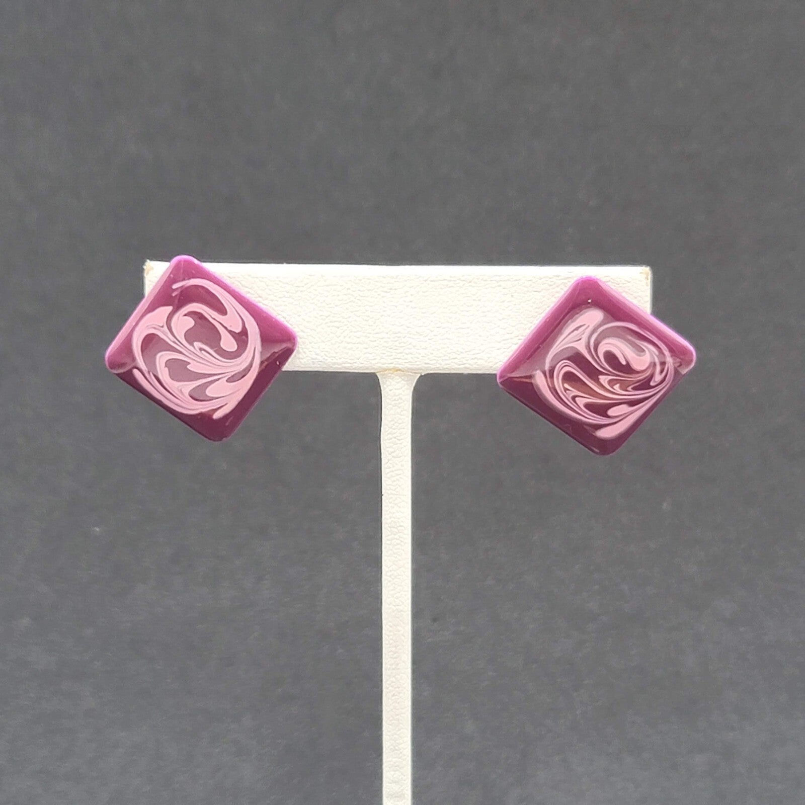 Vintage Pierced Earrings Purple Swirl Enamel over Metal Square Drop 1"