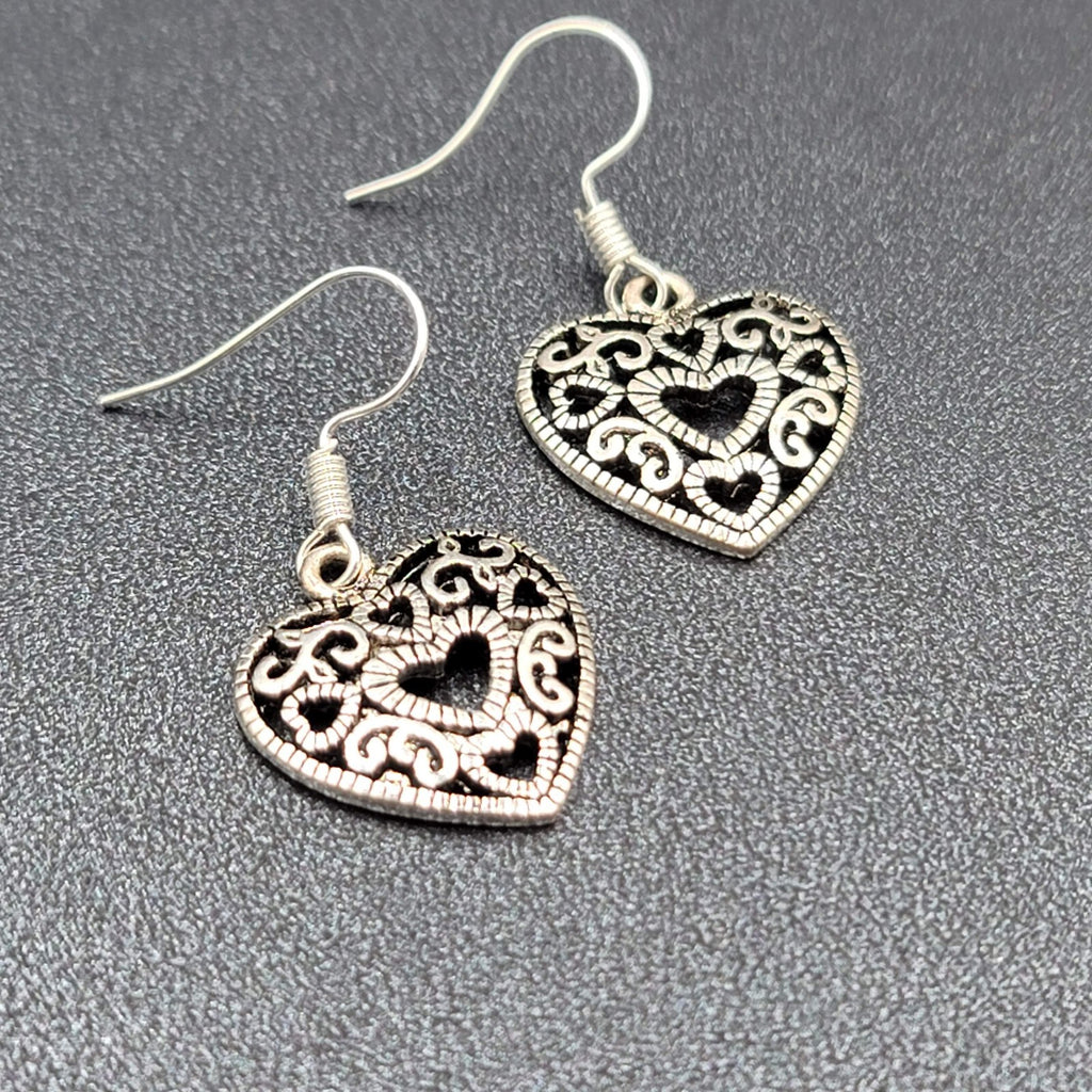 Heart Pierced Earrings Open Work Silver tone Dangle 3/4"