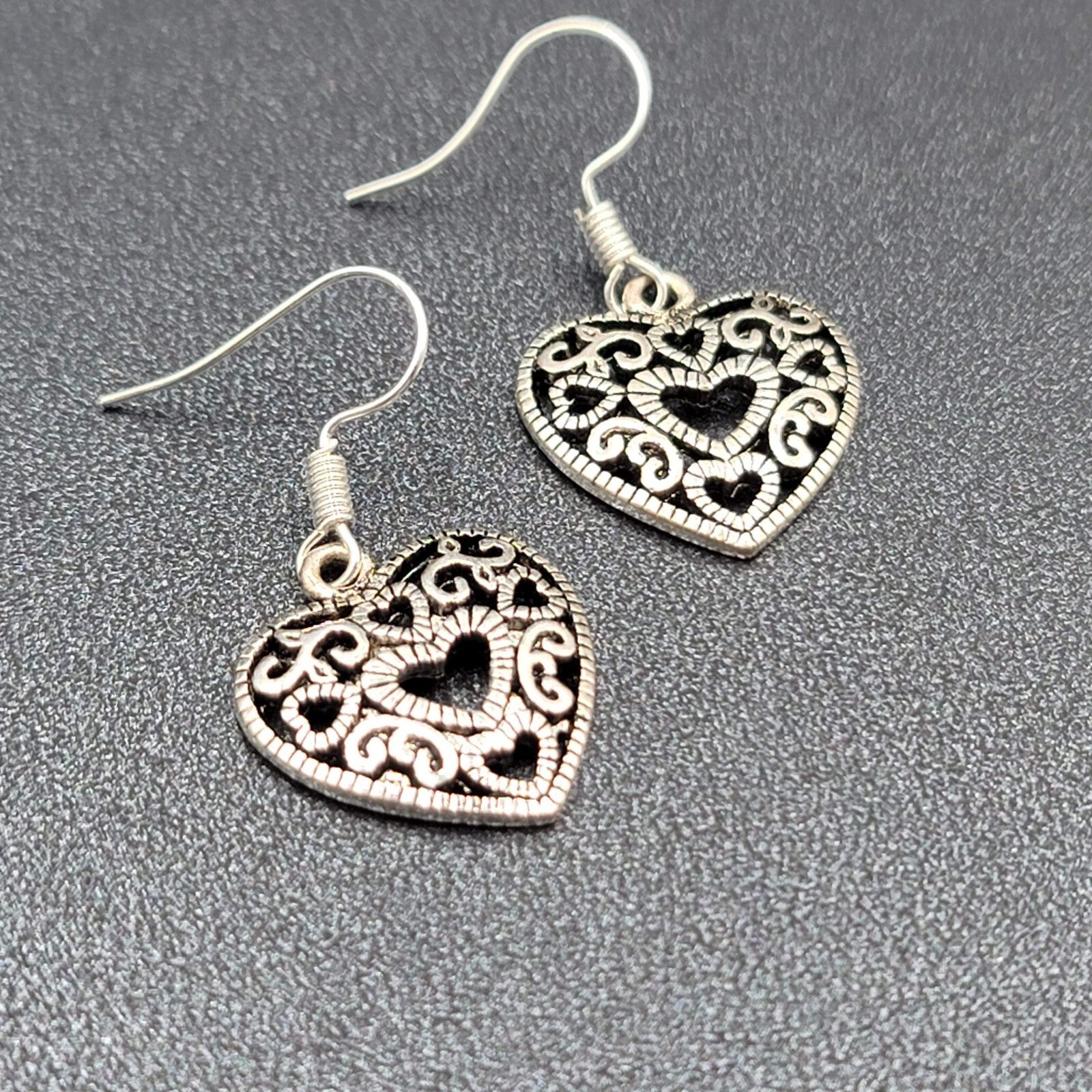 Heart Pierced Earrings Open Work Silver tone Dangle 3/4"