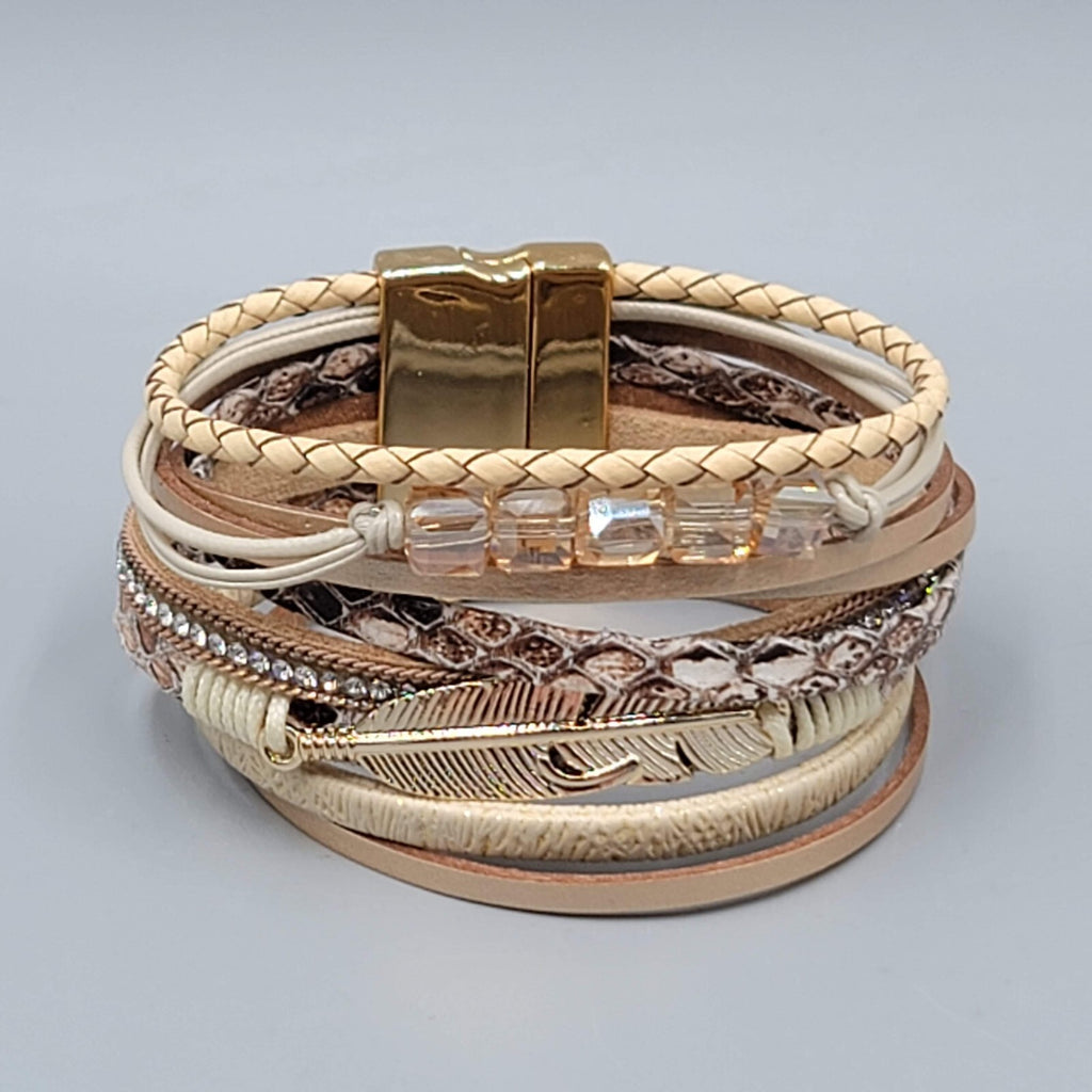 Wrap Bracelet Gold tone Tan Faux Leather Feather Charm Crystal Beads 6.5"