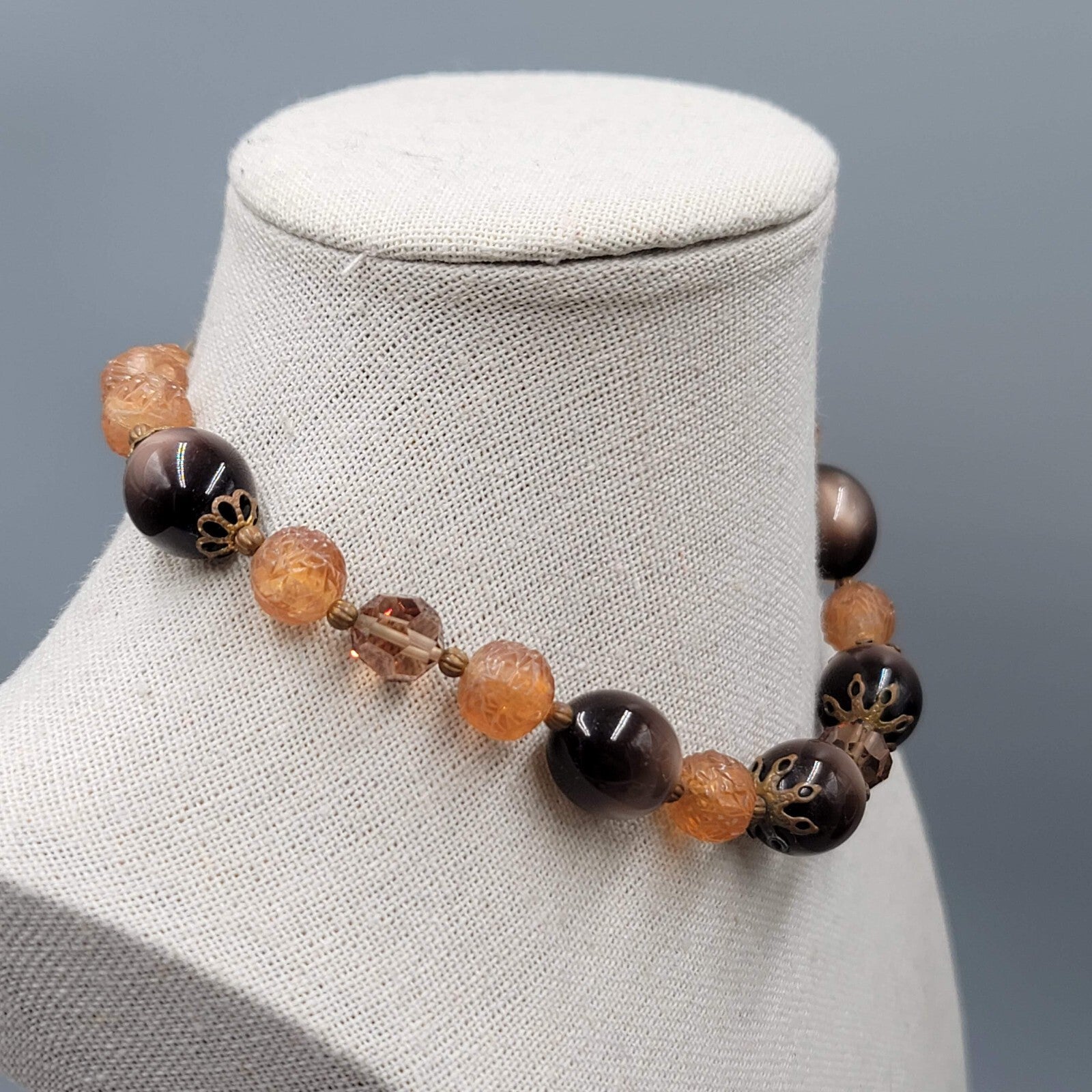 Vintage Lisner Necklace Brown Moon Glow Molded Beads Estate Jewelry 13"-16"