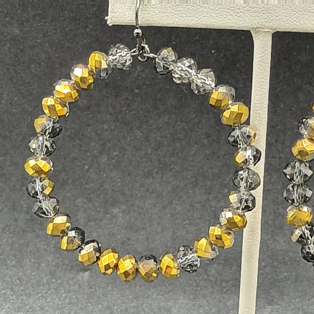 Pierced Earrings Bronze tone Faceted Glass Beaded Hoop Dangle 2"