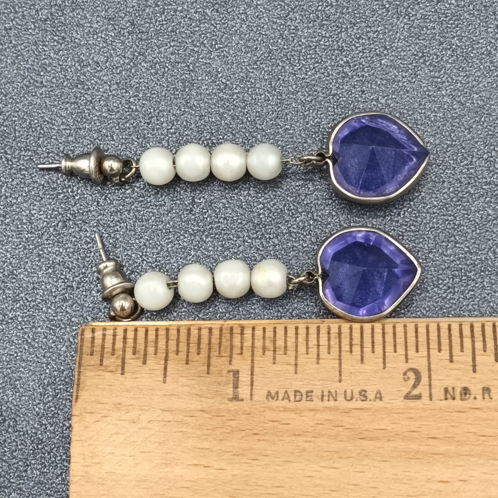 Vintage Pierced Earrings Purple Acrylic Heart Beaded Dangle 2"