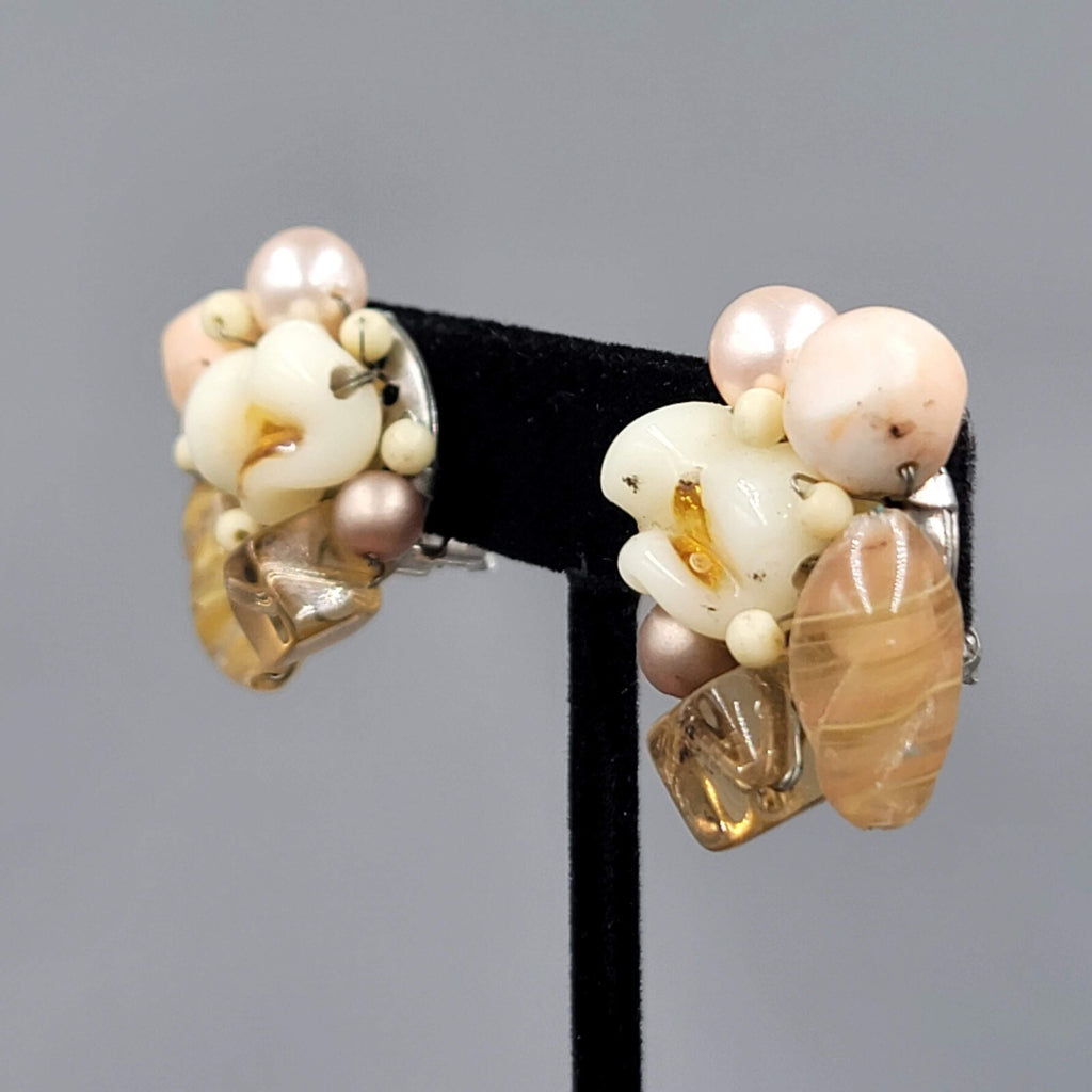Vintage Cluster Bead Clip on Earrings Molded Glass Tans White 1 1/8"
