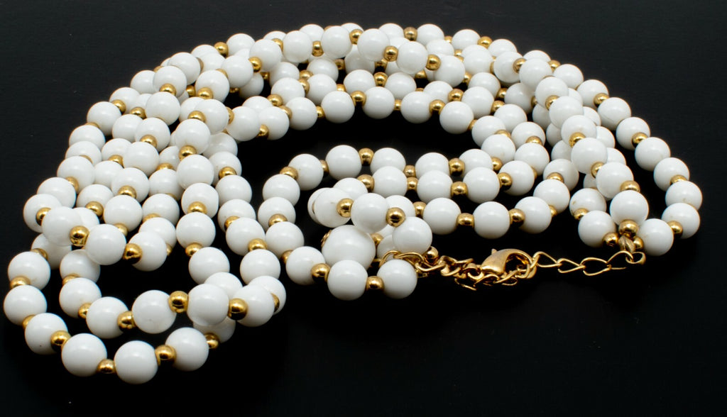 Vintage Triple Strand White & Gold Beaded Necklace Costume Estate 18" - 20'