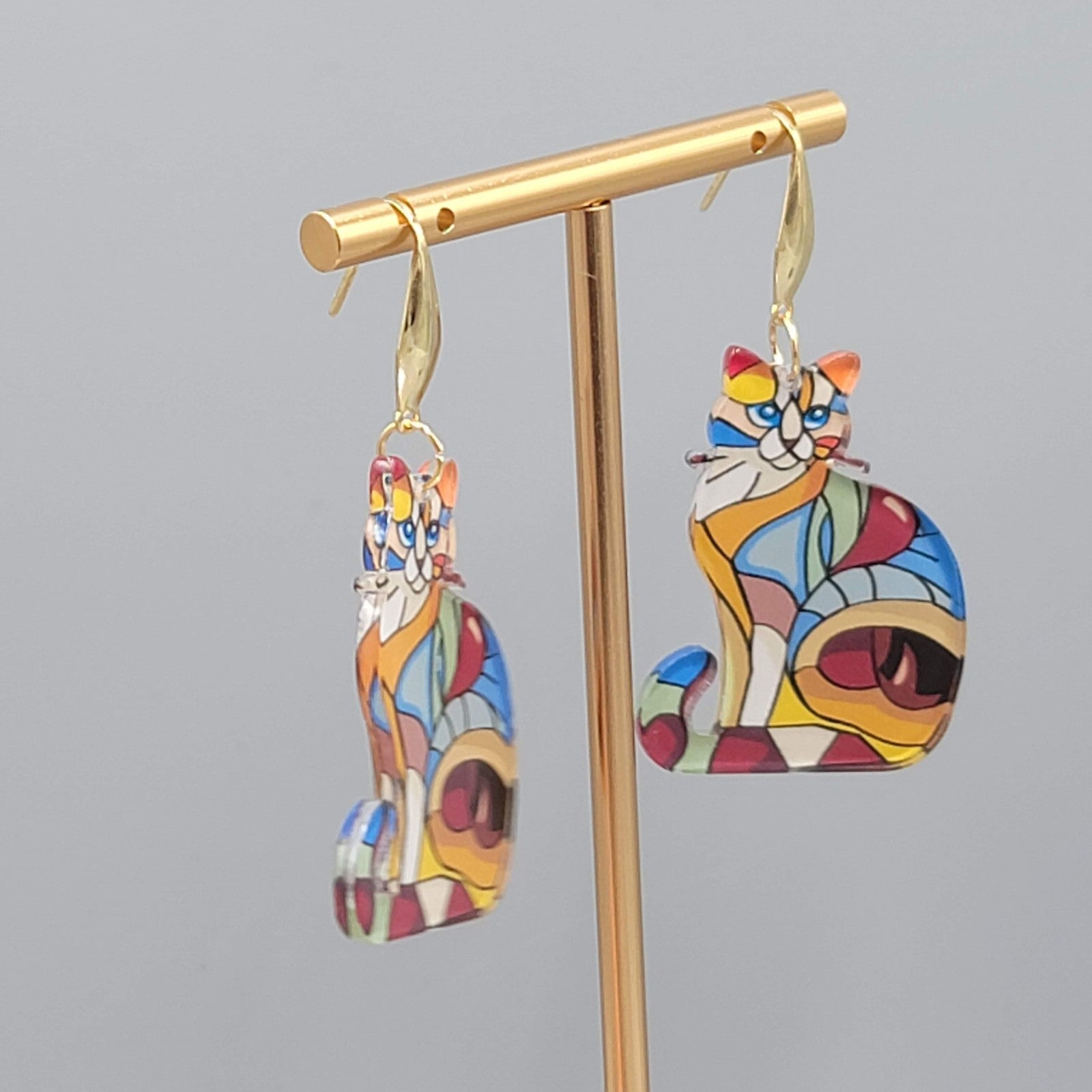 Multicolor Mosiac Kitty Cat Pierced Earrings Acrylic Dangle Gold tone 1.5" long