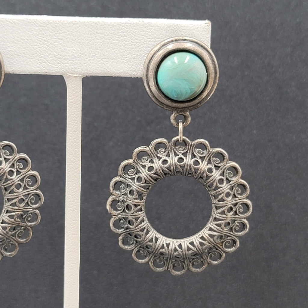 Pierced Earrings Silver tone Faux Acrylic Turquoise Dangle 2 3/8"