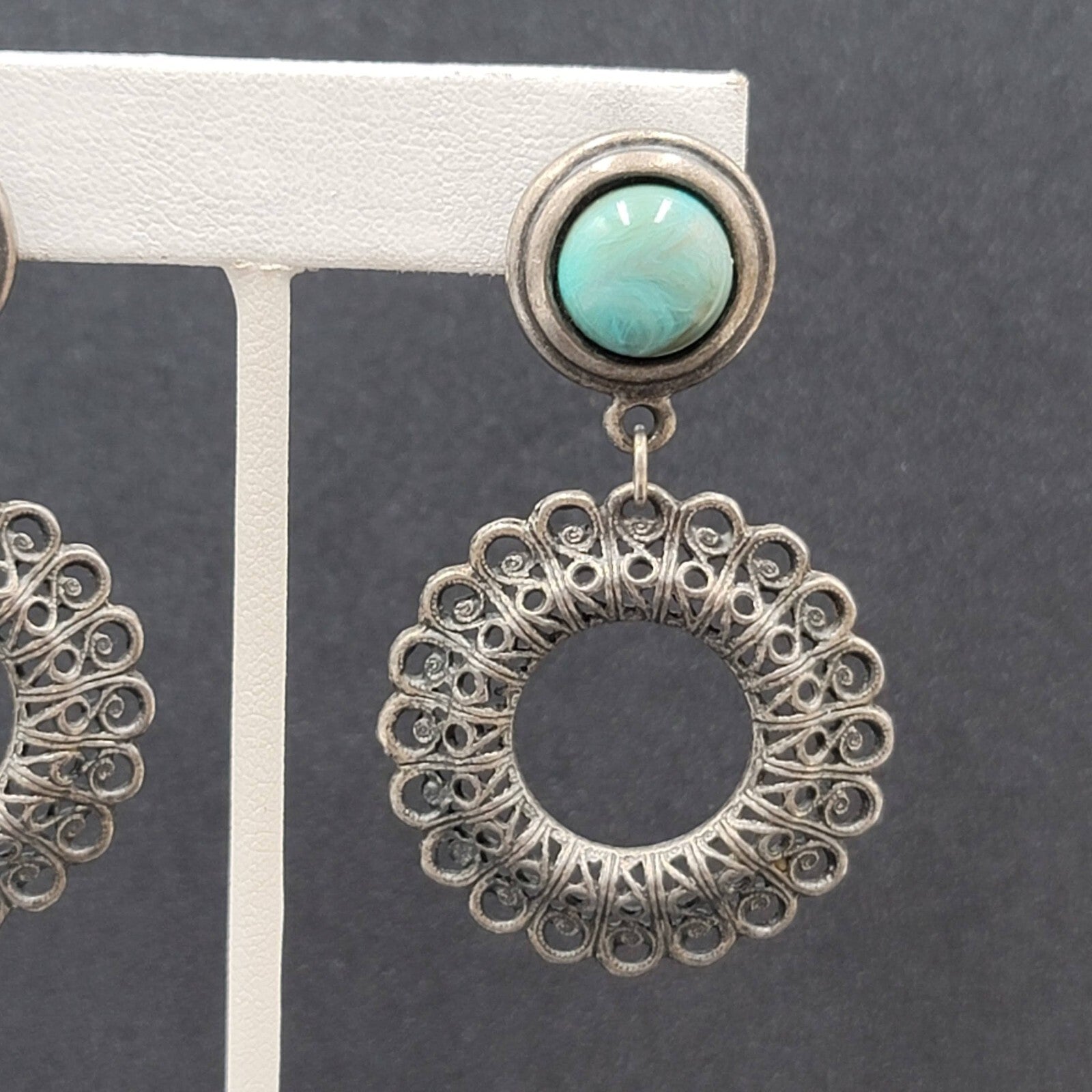 Pierced Earrings Silver tone Faux Acrylic Turquoise Dangle 2 3/8"