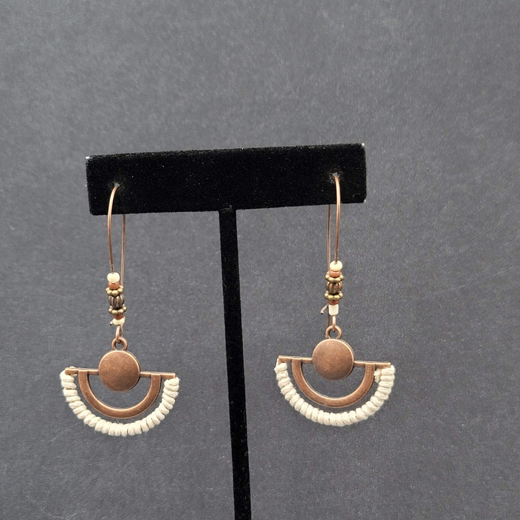 New Boho Pierced Earrings Copper tone Beaded White Dangle Large Hook 2.25"