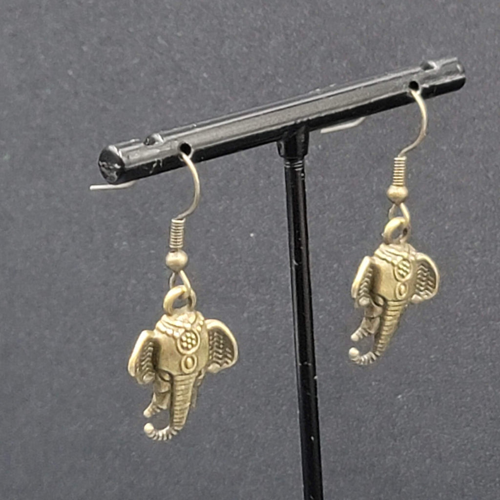 New ELEPHANT Head Pierced Earrings Bronze tone Dangle 7/8"