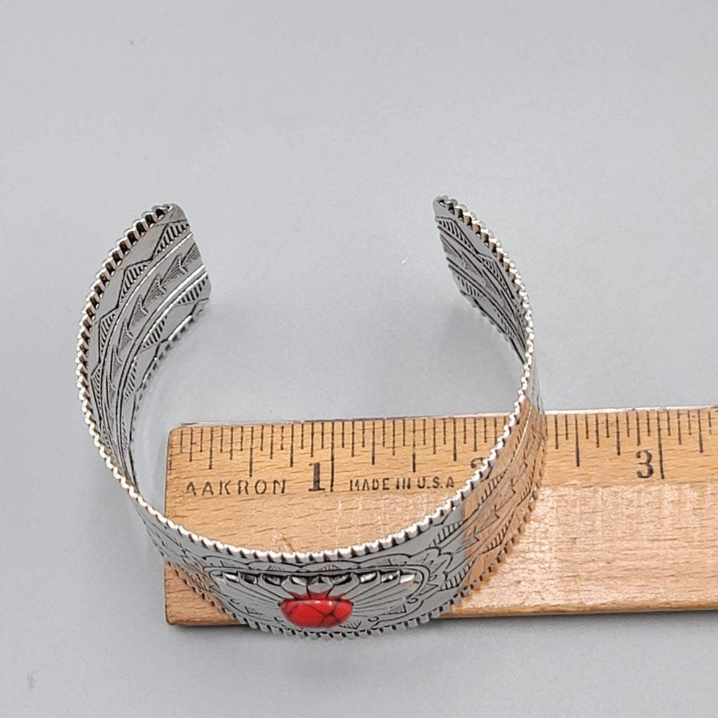 Southwest Red Accent Cuff Bracelet Silver tone 7 in