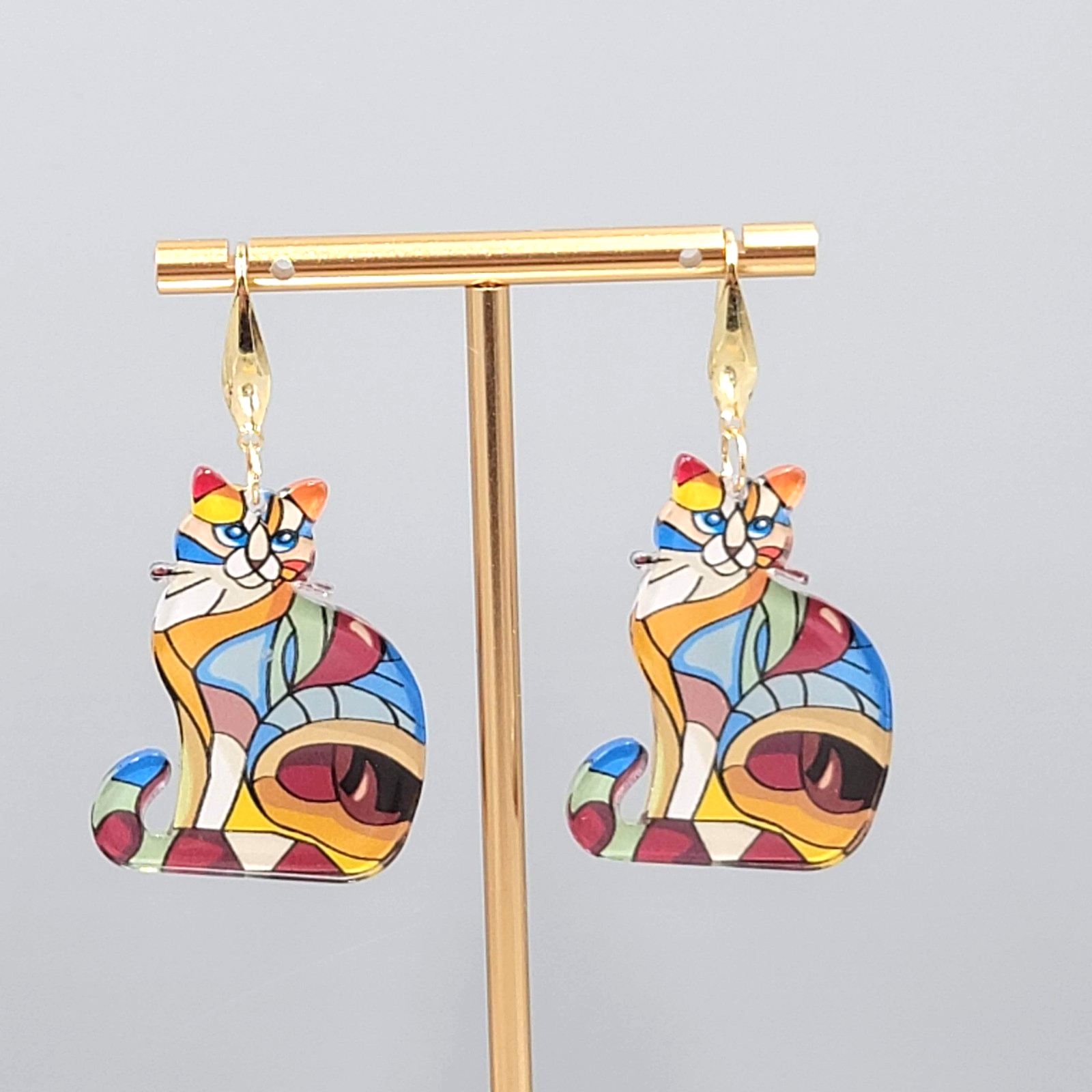 Multicolor Mosiac Kitty Cat Pierced Earrings Acrylic Dangle Gold tone 1.5" long