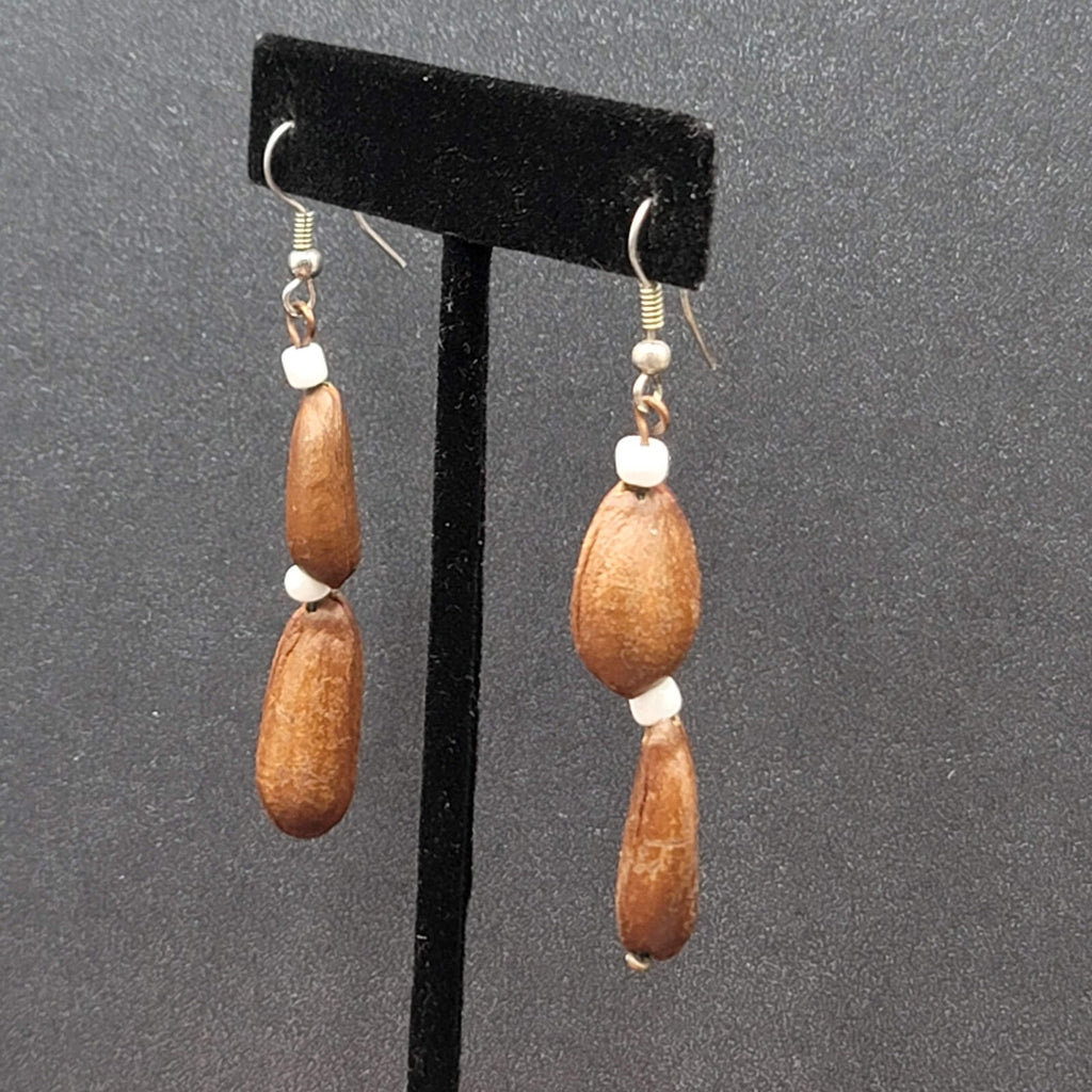 Vintage Pierced Earrings Silver tone Large Brown Seed Beads Long Dangle 2"