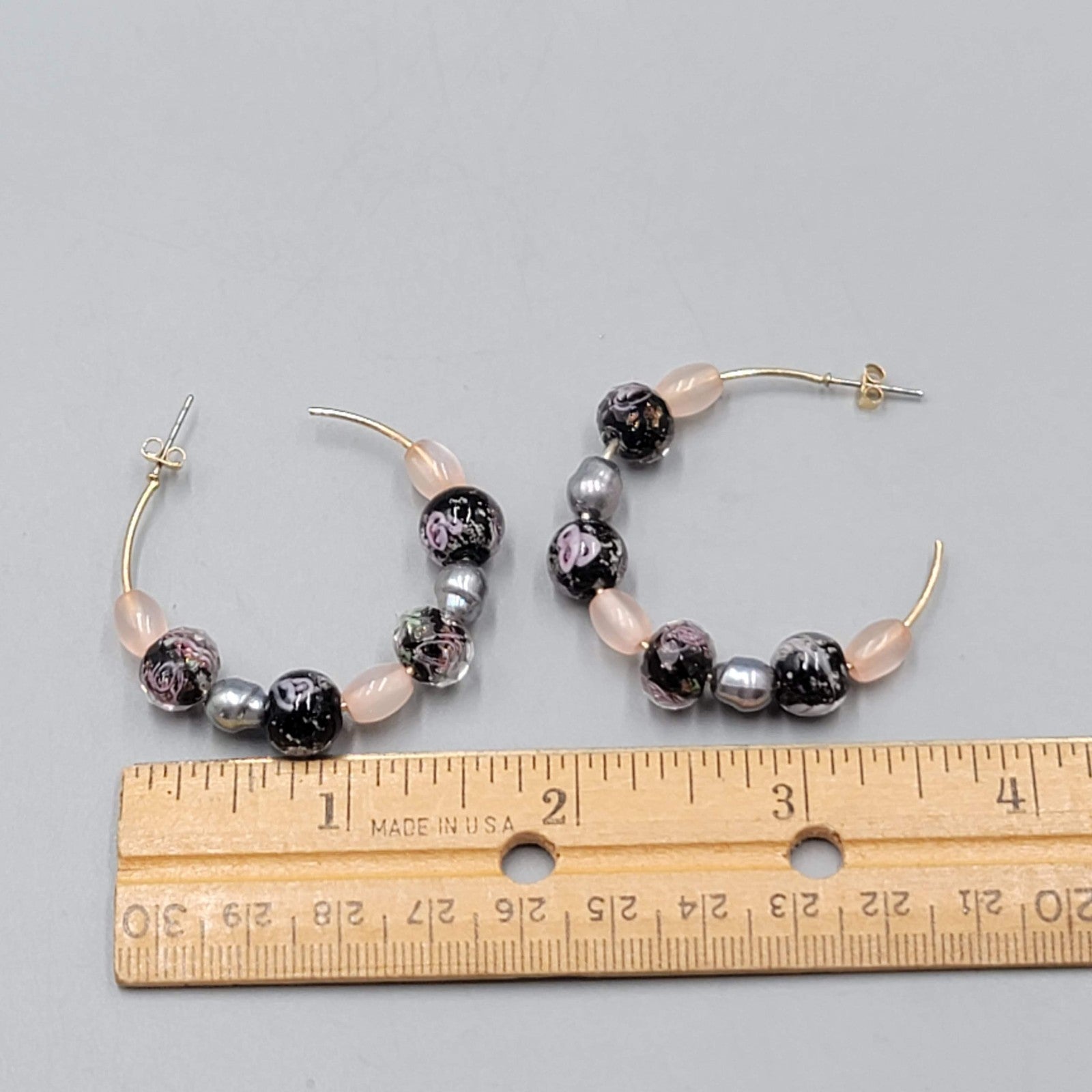 Hoops Black Pink Roses Art Glass Beads Pierced Earrings 1.75 in