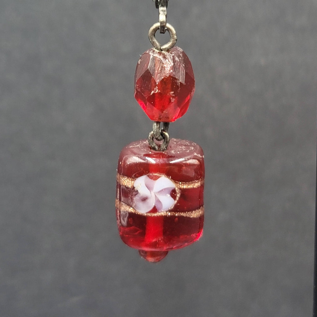 Pierced Earrings Black Metal Red Art Glass Beads 1.25"