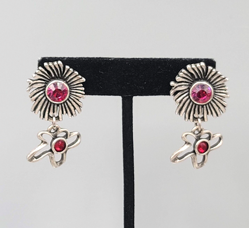 Chicos Flower Pierced Earrings Purple Red Rhinestone Silver tone Dangle 1.5"