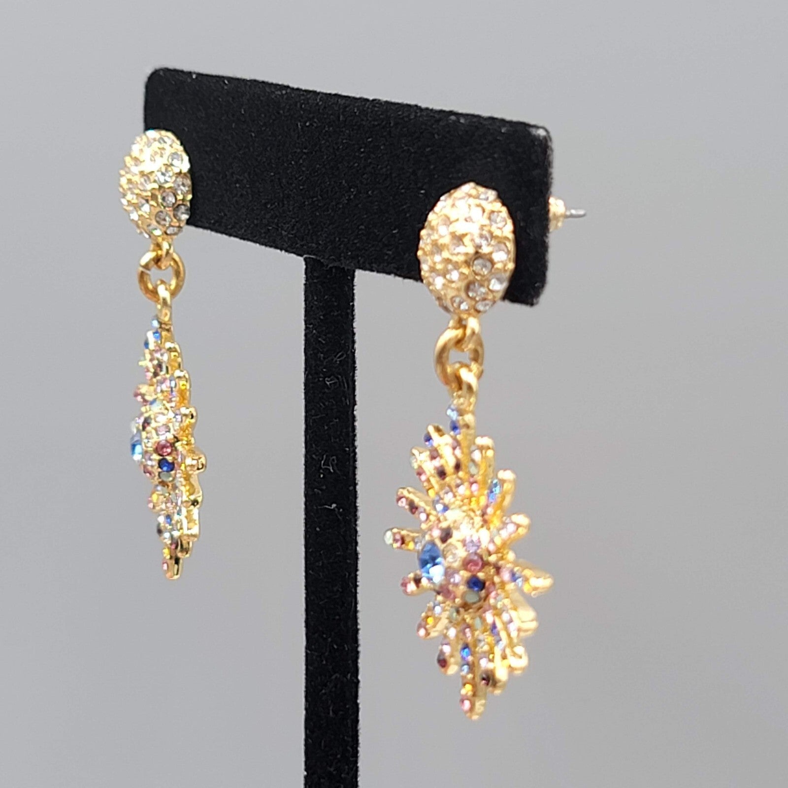 Pierced Earrings Gold tone Multicolor Crystal Starburst Sun Dangle 1.75"