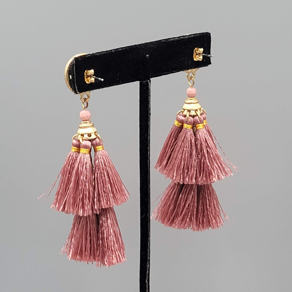 Pink Tassel Pierced Earrings Gold ton e Crystal Dangle 3"