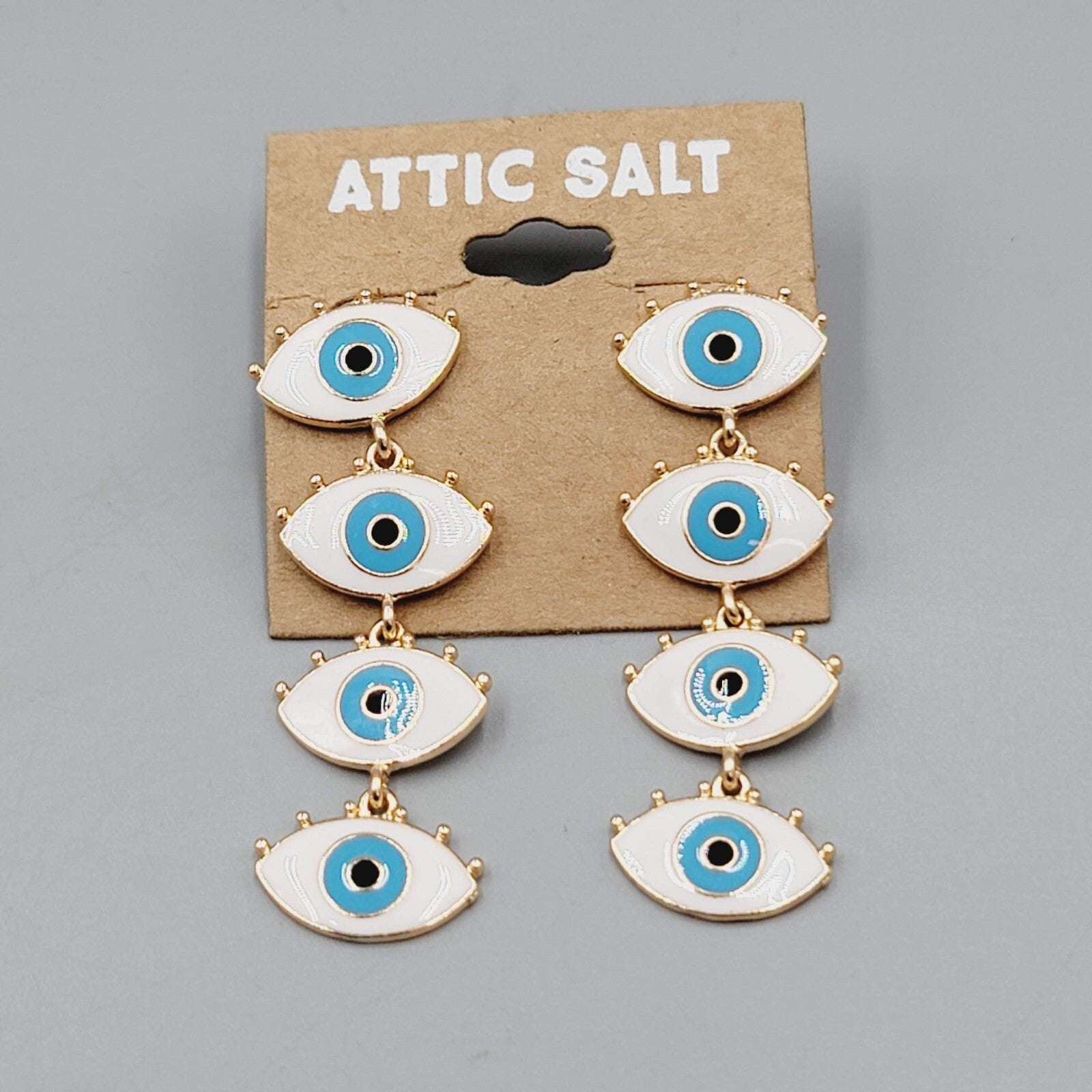 Attic Salt EYE Pierced Earrings Blue Eyes Dangle Gold tone NWT 2.25"