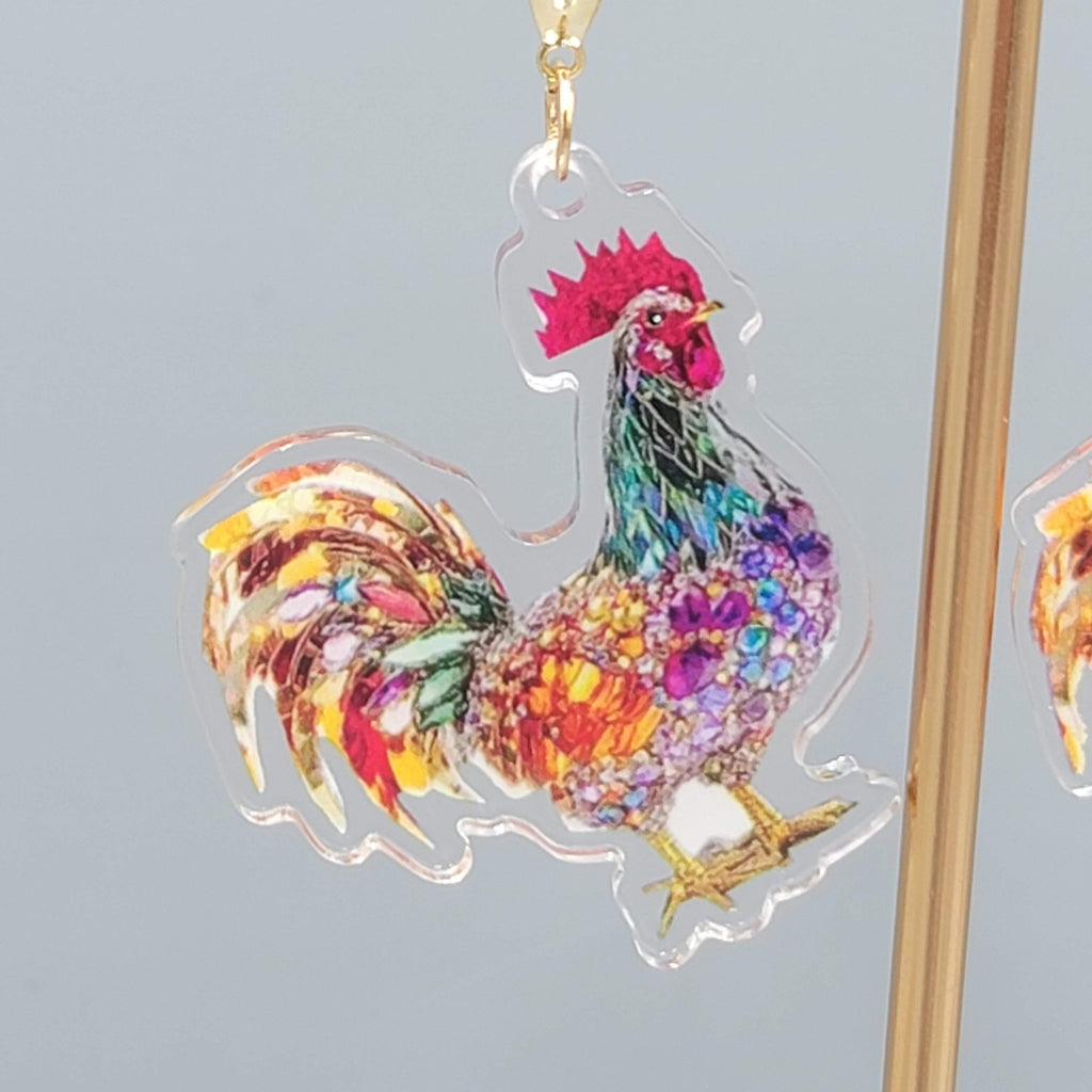 Multicolor Mosiac Rosster Pierced Earrings Acrylic Dangle Gold tone Hook 1.75"