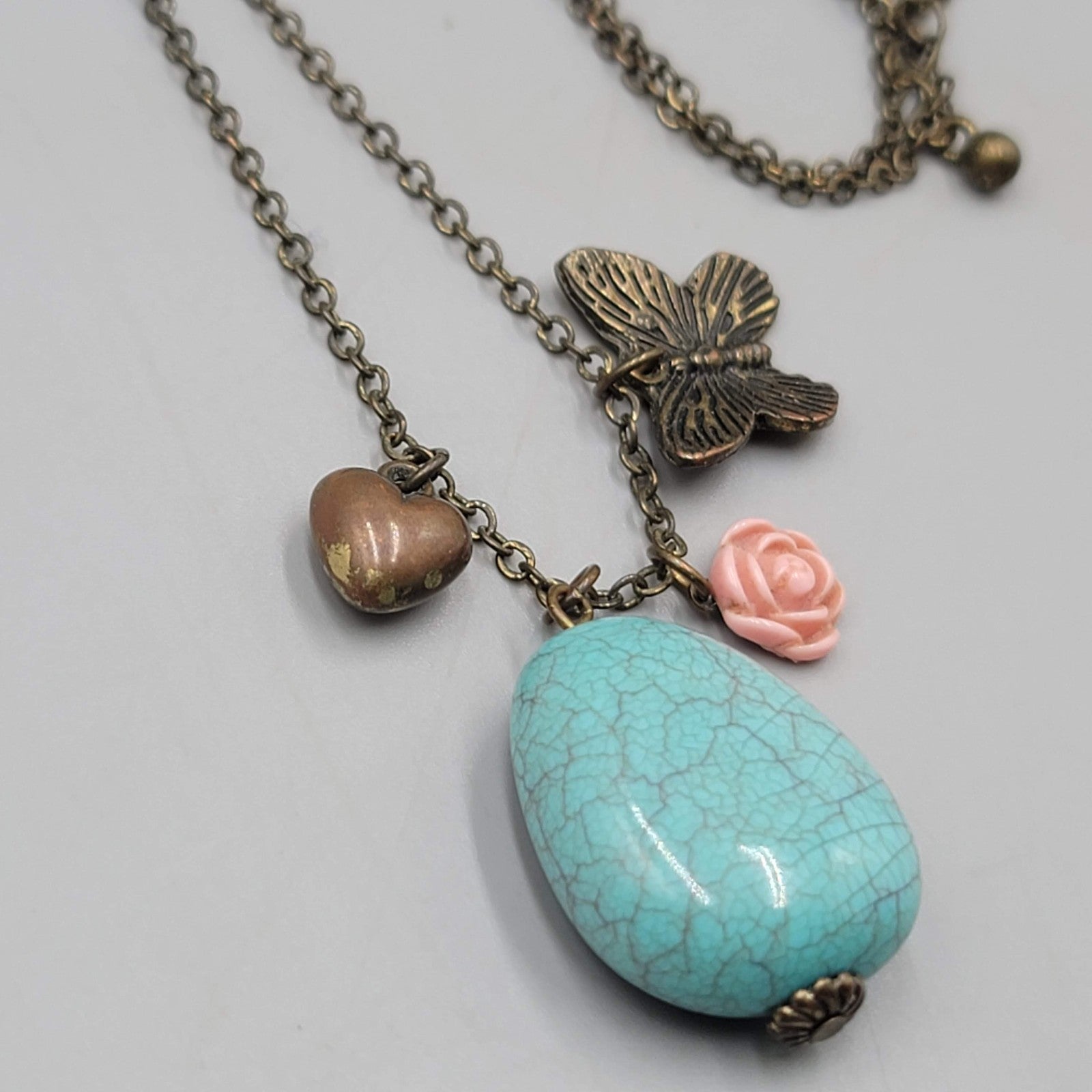 Bronze tone Charm Pendant Necklace Blue Stone Butterfly Heart Flower 16"-18"