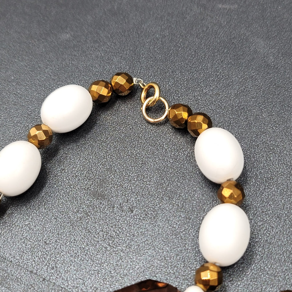 Bronze Metallic White Beaded Necklace Bracelet Earrings Set Jewelry Set