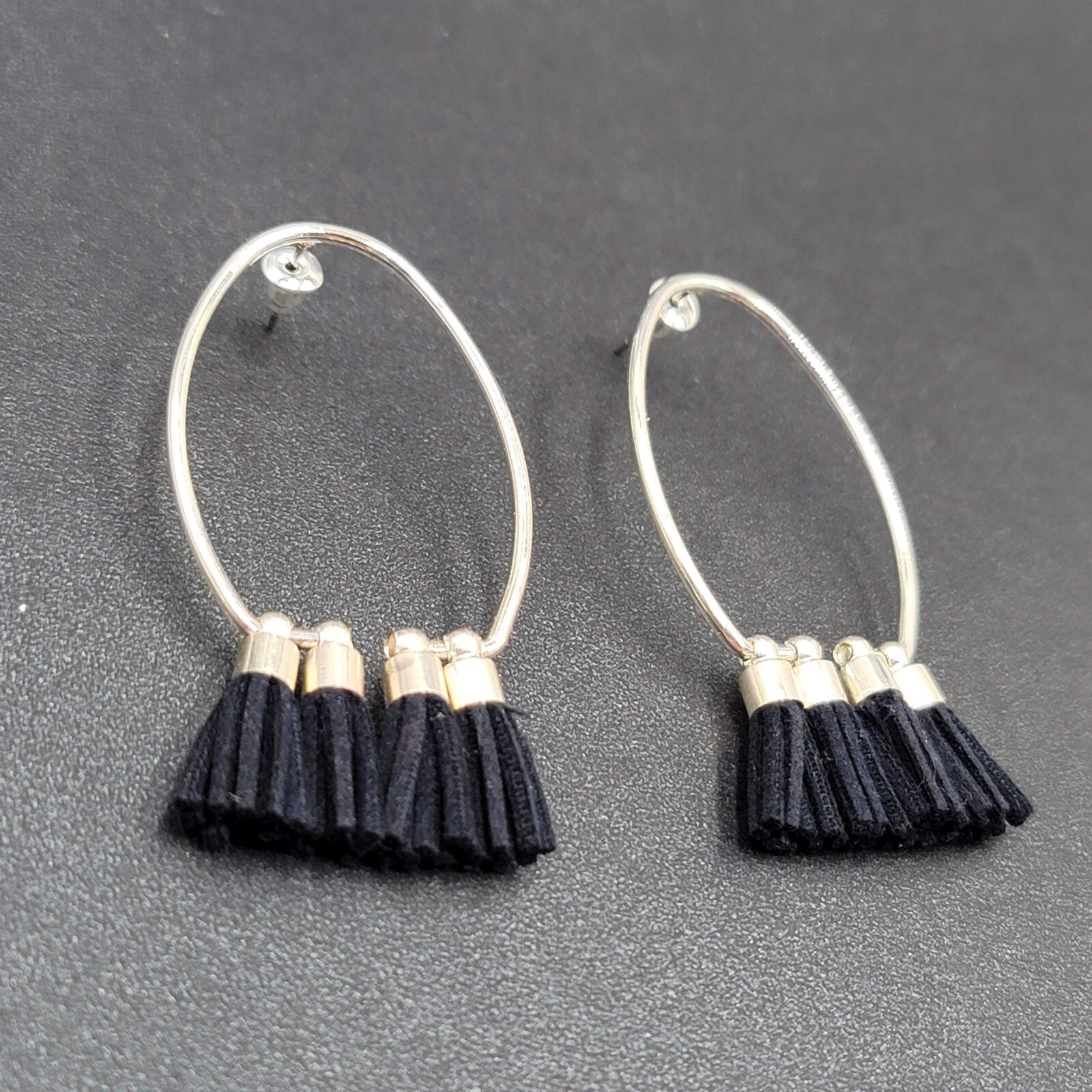 Pierced Earrings Silver tone Open Hoop Black Tassel Drop 2 1/8"