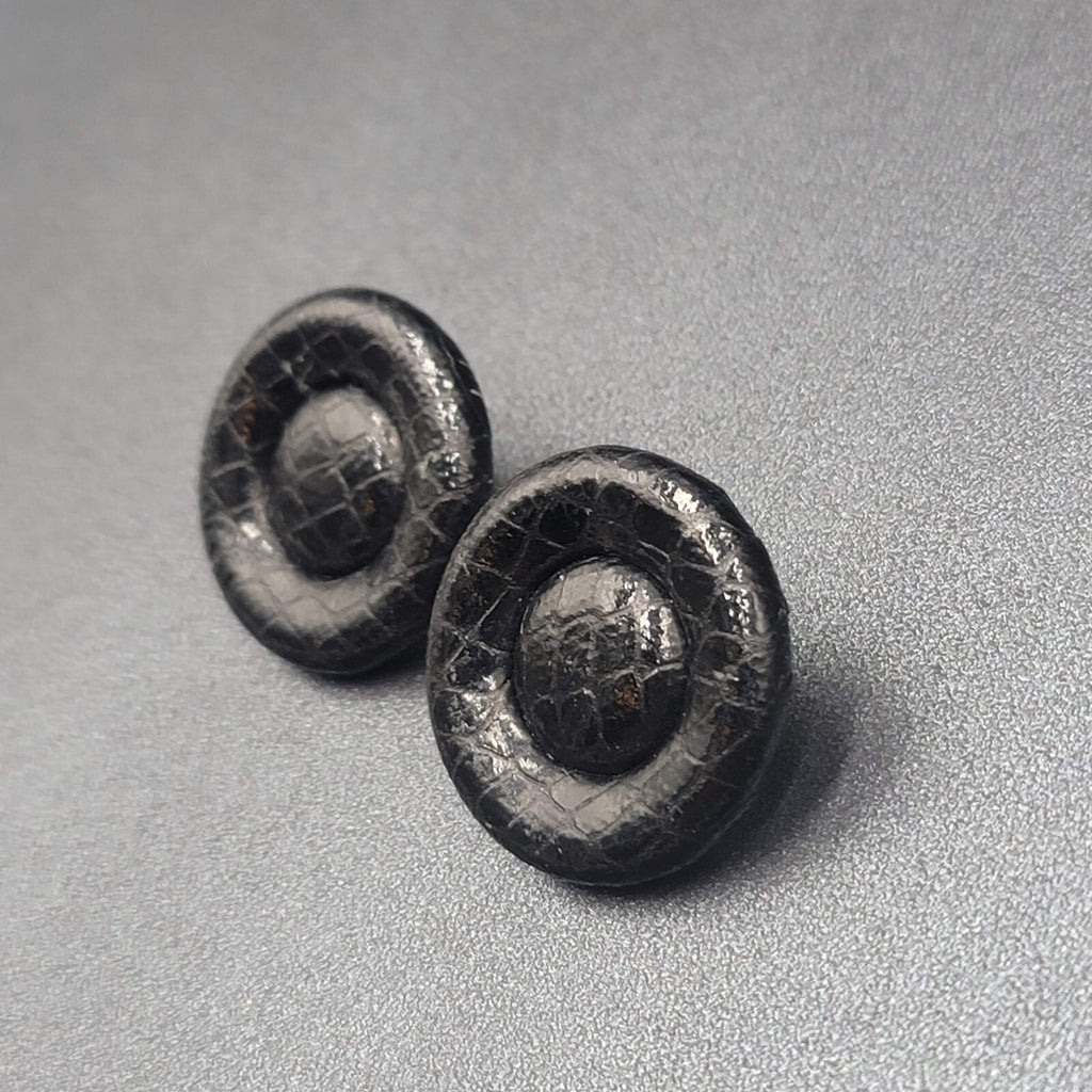 Vintage Pierced Earrings Faux Snake Skin Black Button Studs 1 1/8"