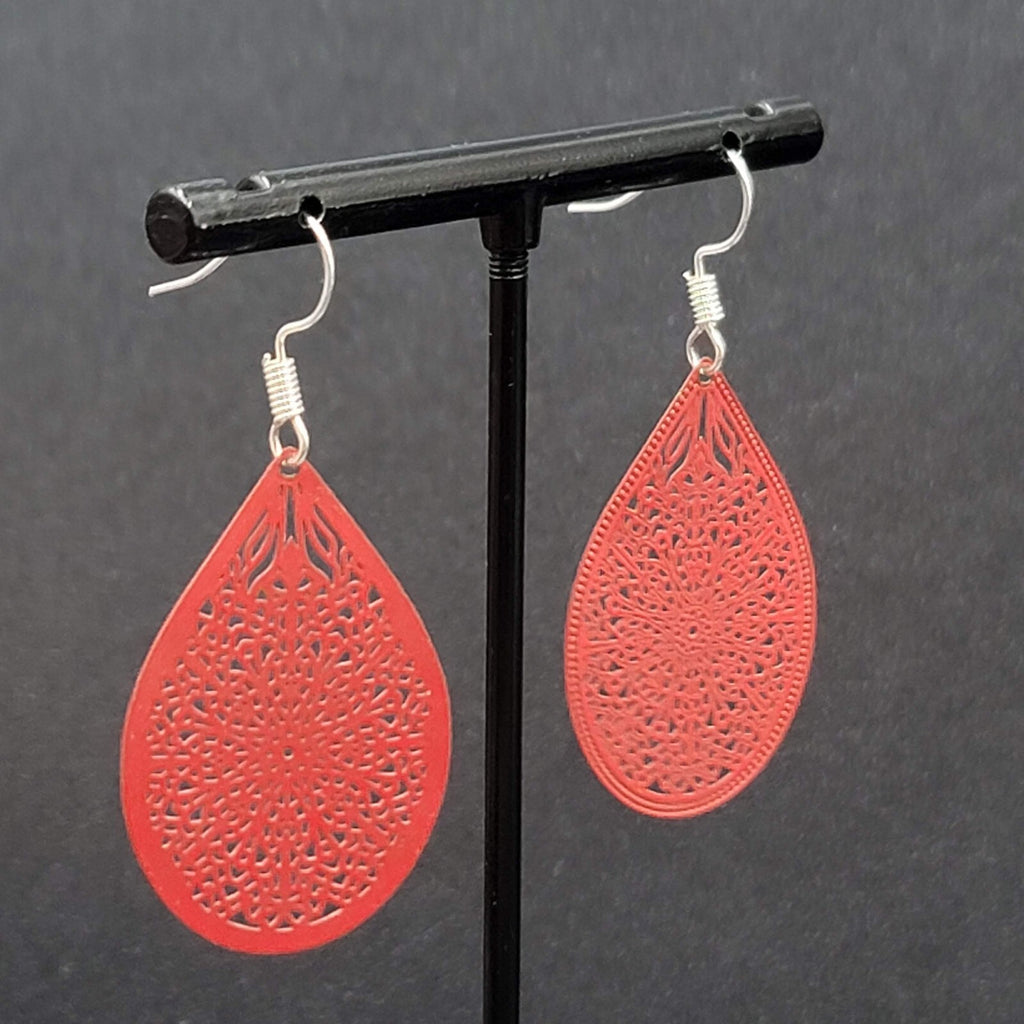 Pierced Earrings Silver tone Red Enamel Open Work Laser cut Teardrop 1 3/8"