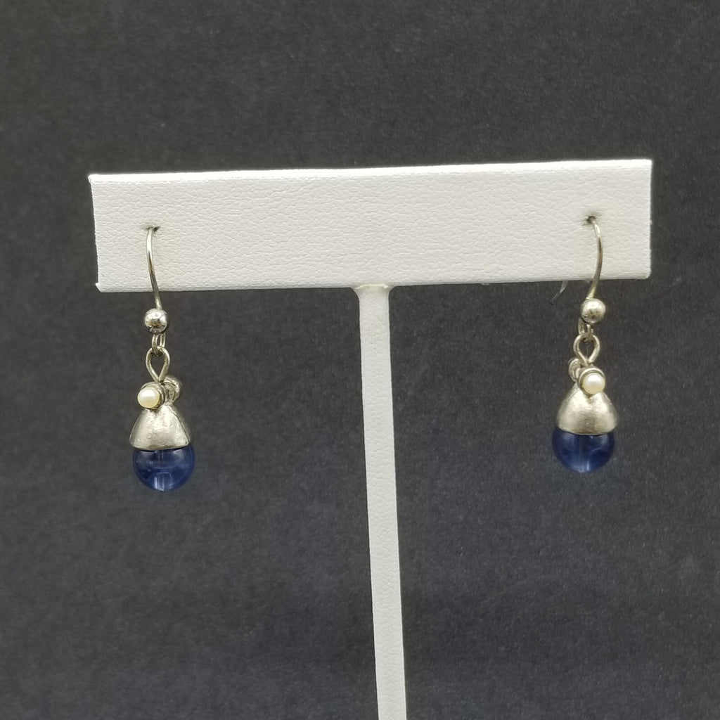 Pierced Earrings Silver tone Blue Crystal Bea Faux Pearl Dangle 1/2"