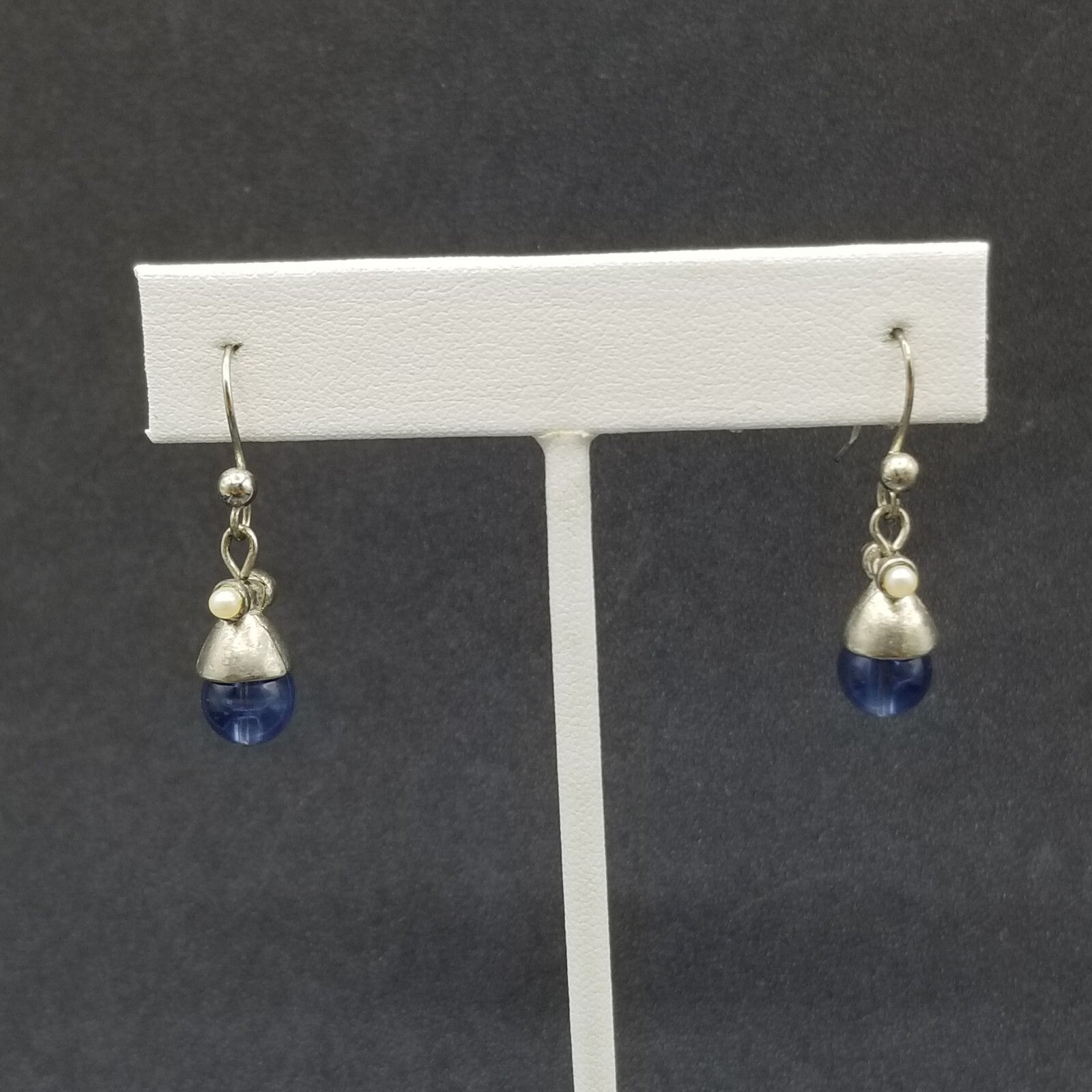 Pierced Earrings Silver tone Blue Crystal Bea Faux Pearl Dangle 1/2"