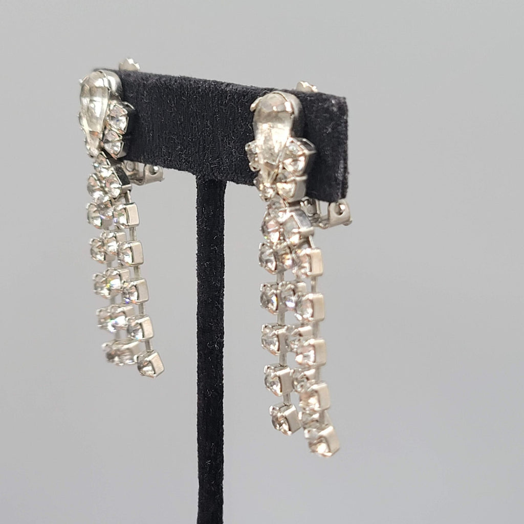 Vintage Long Rhinestone Clip on Earrings Silver tone 2"