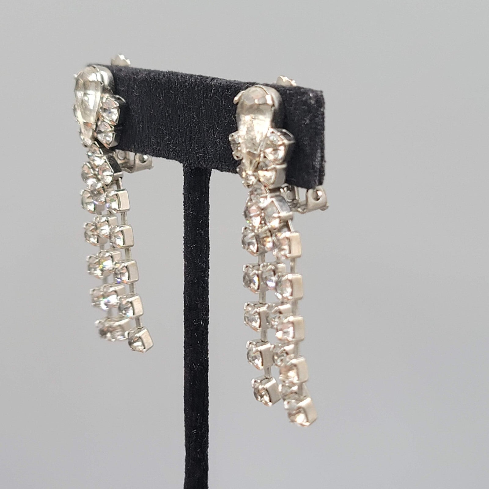 Vintage Long Rhinestone Clip on Earrings Silver tone 2"