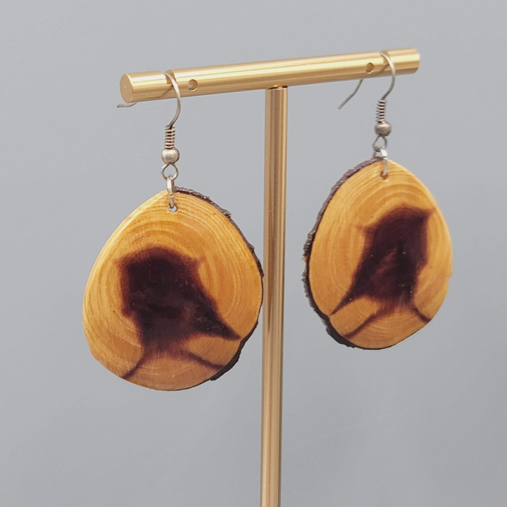 Live Edge Wood Round Pierced Earrings Clear Finish Dangle  1.5"