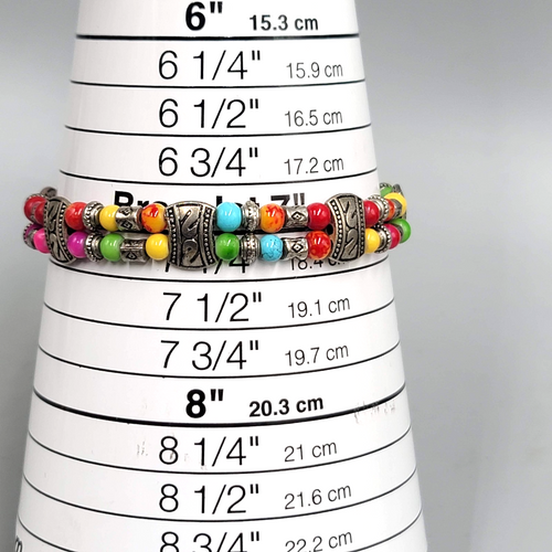 Bright Multicolor Bead Bracelet Silver tone Adjustable 7" - 8"