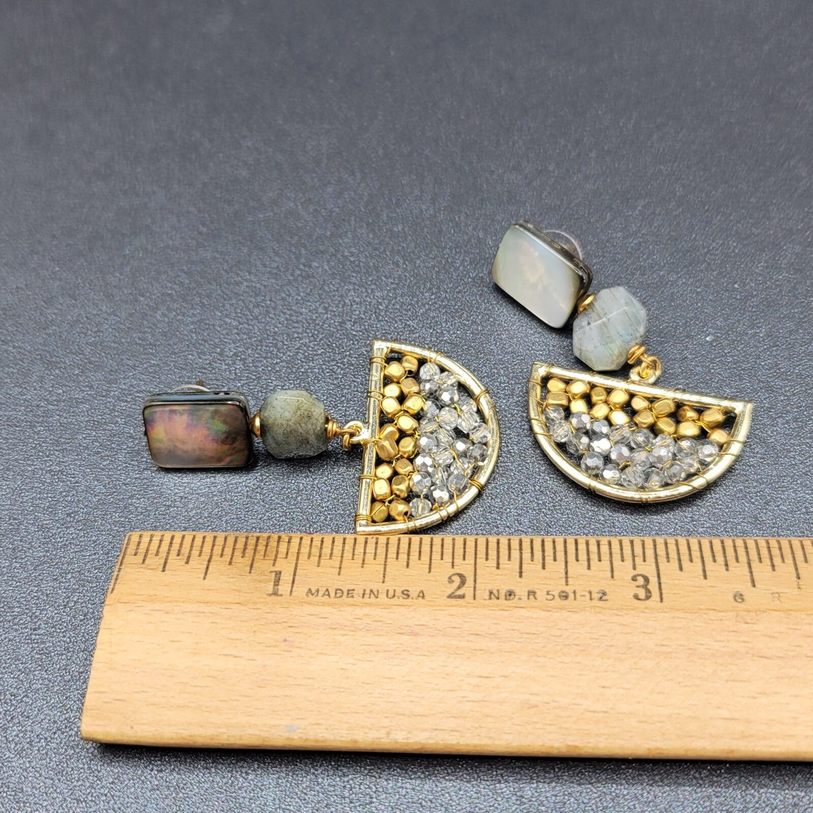Pierced Earrings Gold tone Abalone and Stone Beaded Boho Dangle 2 1/4"