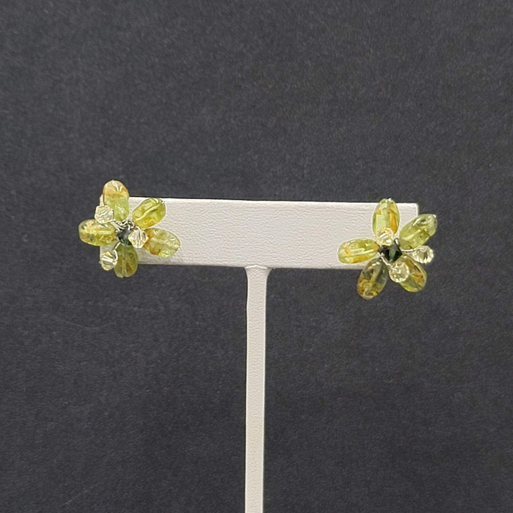 Pierced Earrings Green Stone Artisan Made Flower Studs 3/4"