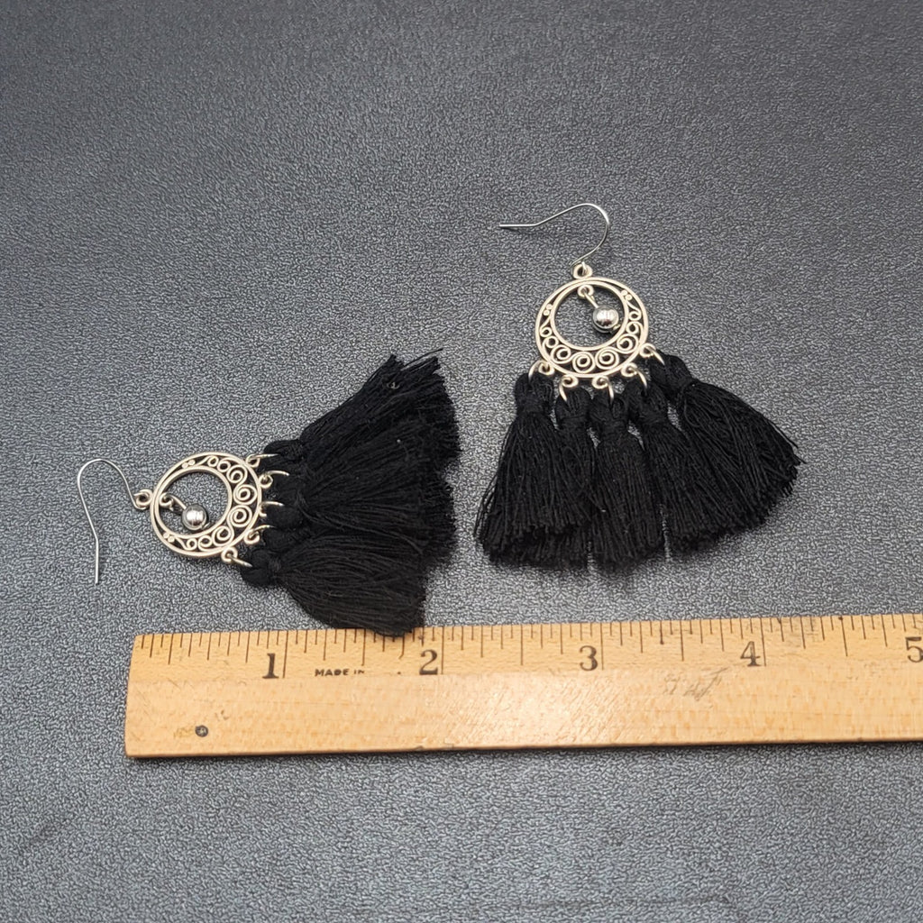Pierced Earrings Silver tone Black String Tassel Dangle 2.25"