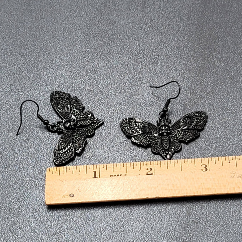 Death Head Moth Pierced Earrings Black Enamel Dangle 1" x 1 5/8" 