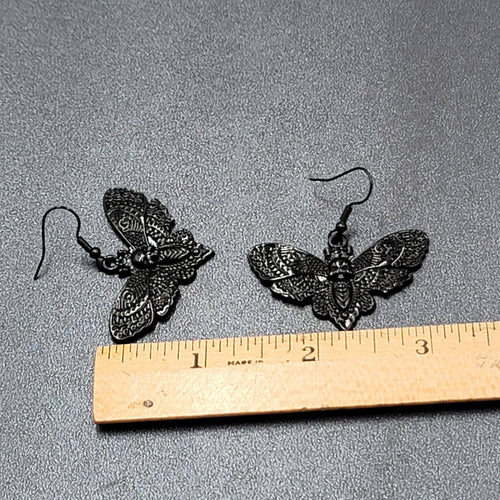 Death Head Moth Pierced Earrings Black Enamel Dangle 1" x 1 5/8" 