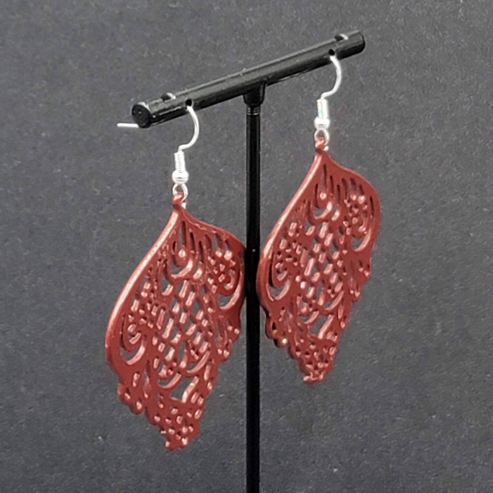 Pierced Earrings Burgandy Red Enamel over Metal Open work 2"