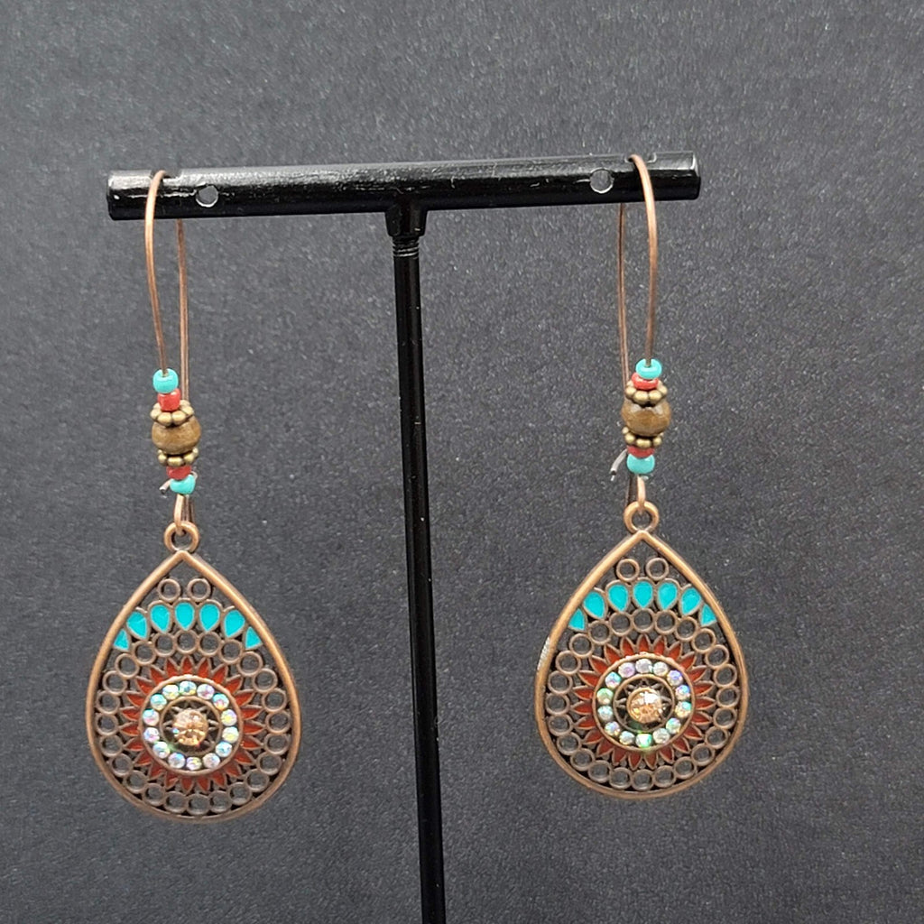 New Boho Pierced Earrings Copper tone AB Crystal Beaded 2 5/8"