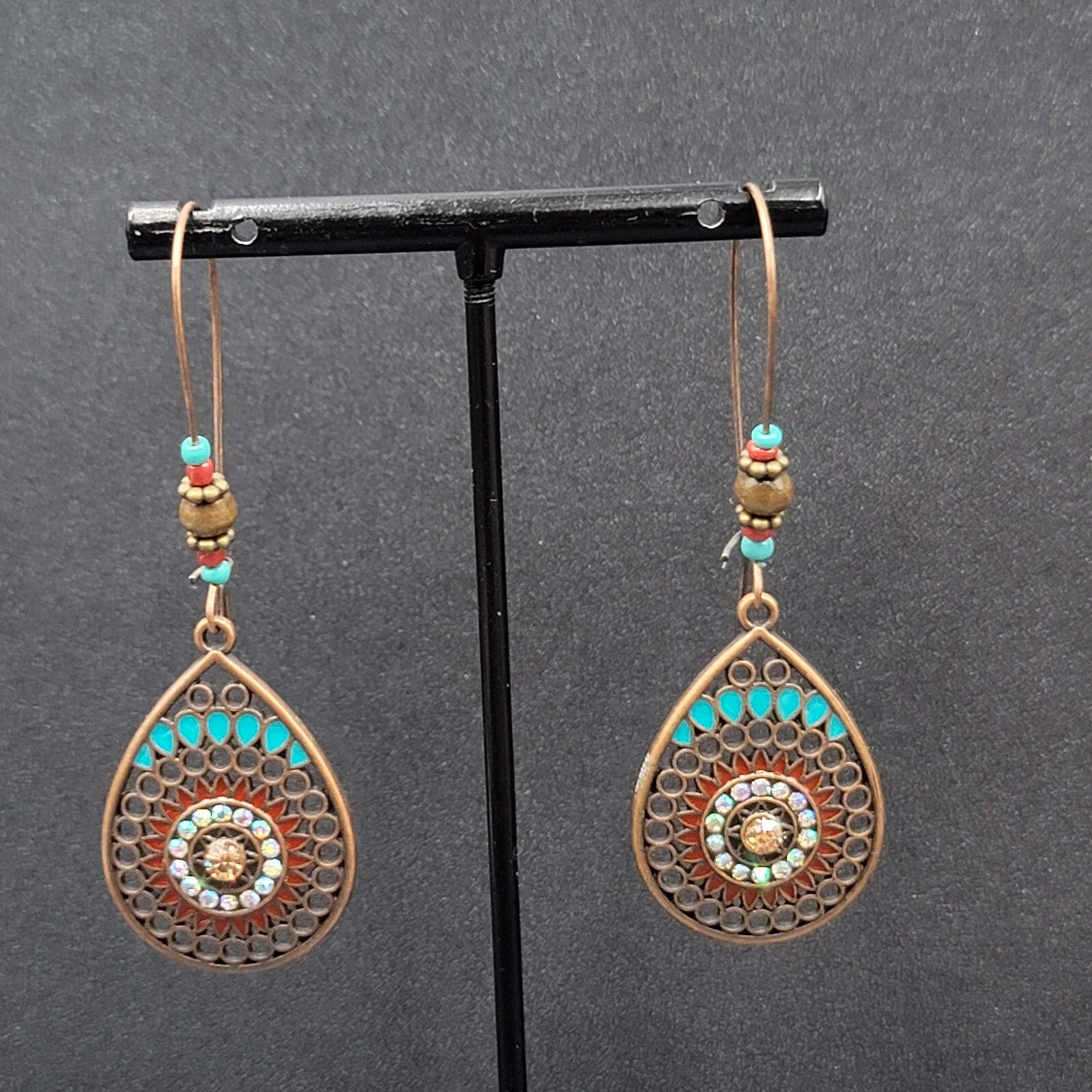 New Boho Pierced Earrings Copper tone AB Crystal Beaded 2 5/8"